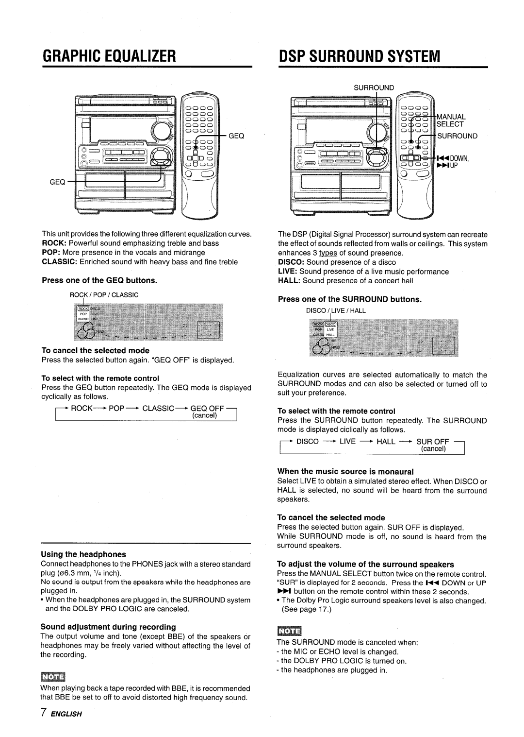 Aiwa CX-NMT50 manual Graphic Equalizer DSP Surround System 