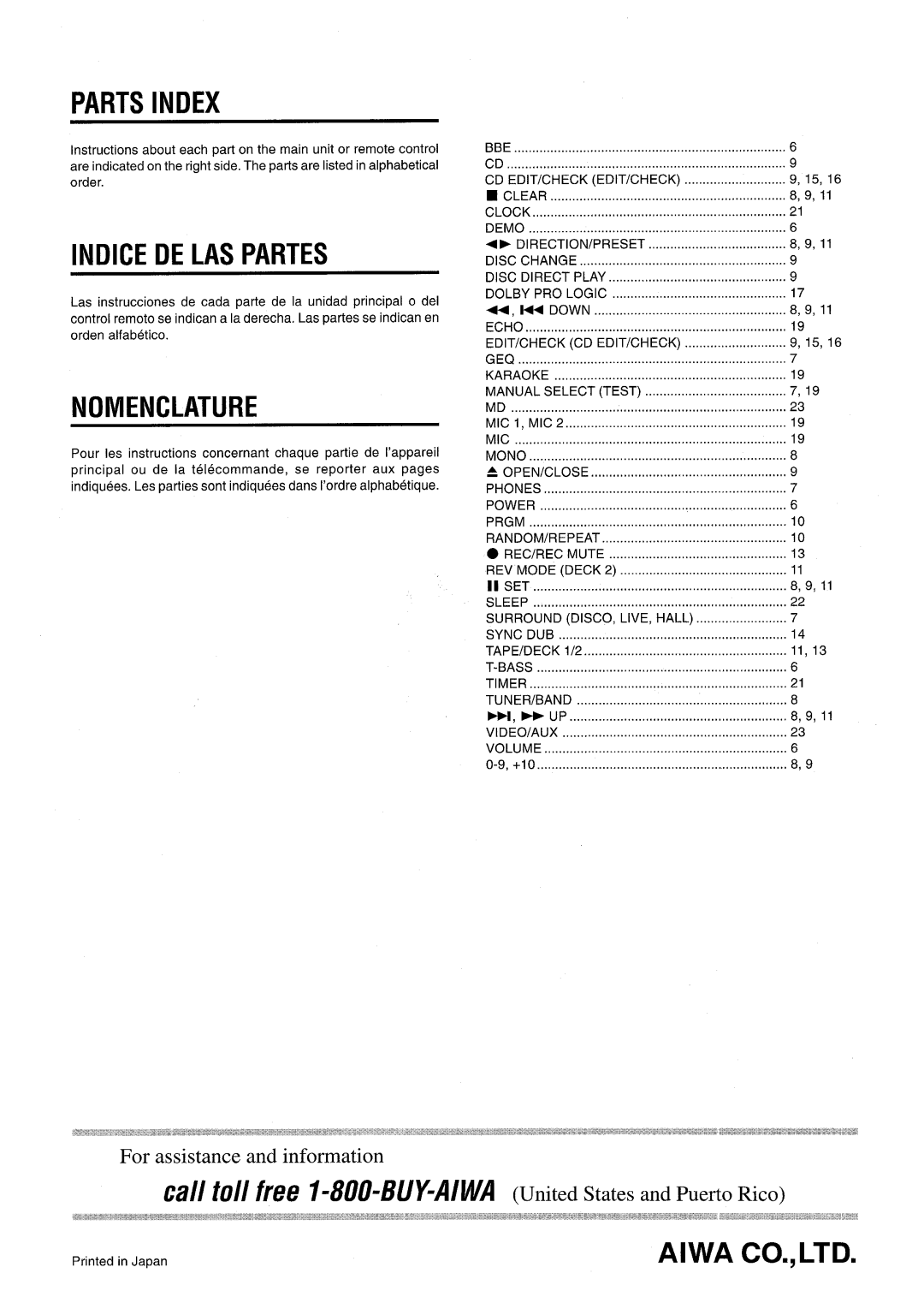 Aiwa CX-NMT50 manual Parts Index, Indice DE LAS Partes, Nomenclature, Logic 