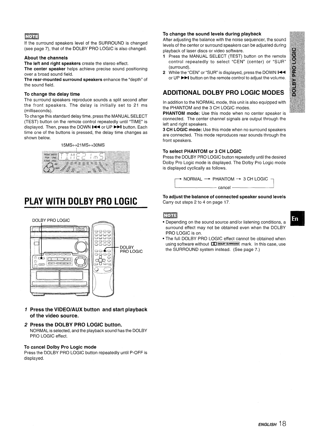Aiwa CX-NMT50 manual Play With Dolby Pro Logic, Additional Dolby Pro Logic Modes, About the channels, ENGLISH18 