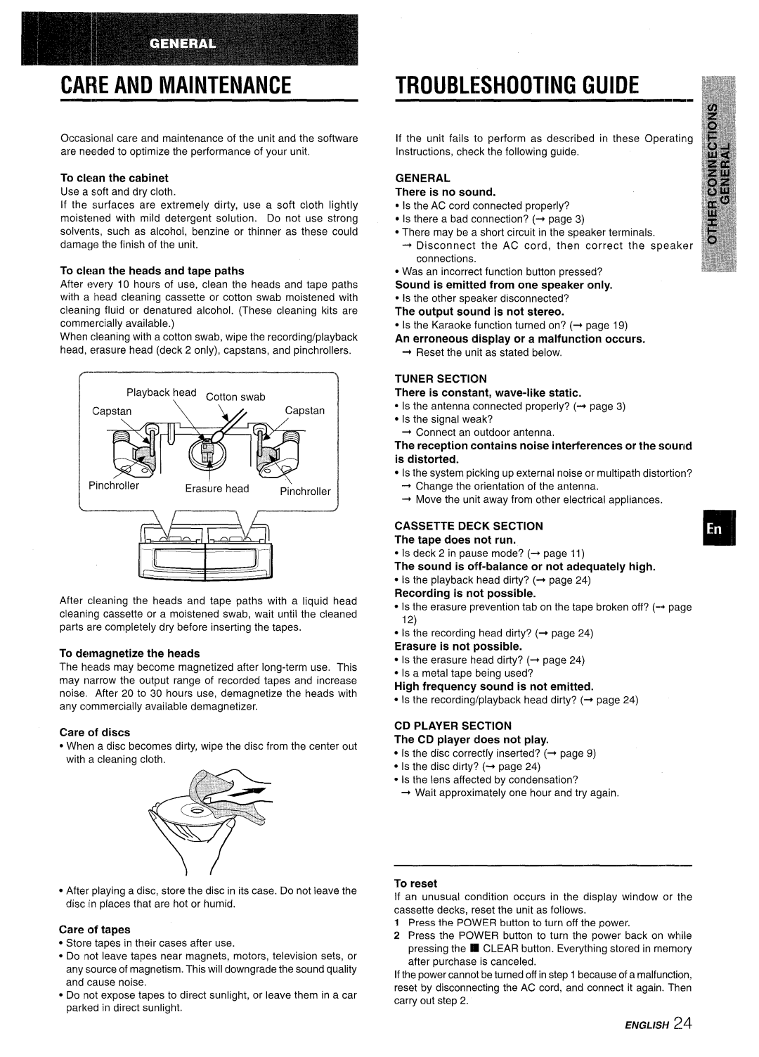 Aiwa CX-NMT50 Care And Maintenance, Troubleshooting Guide, To clean the cabinet Use a soft and dry cloth, Care of discs 