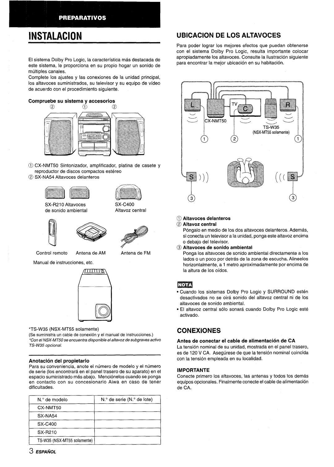 Aiwa CX-NMT50 manual Instalacion, Ubicacion De Los Altavoces, Conexiones, Anotacion del propietario, Importante 