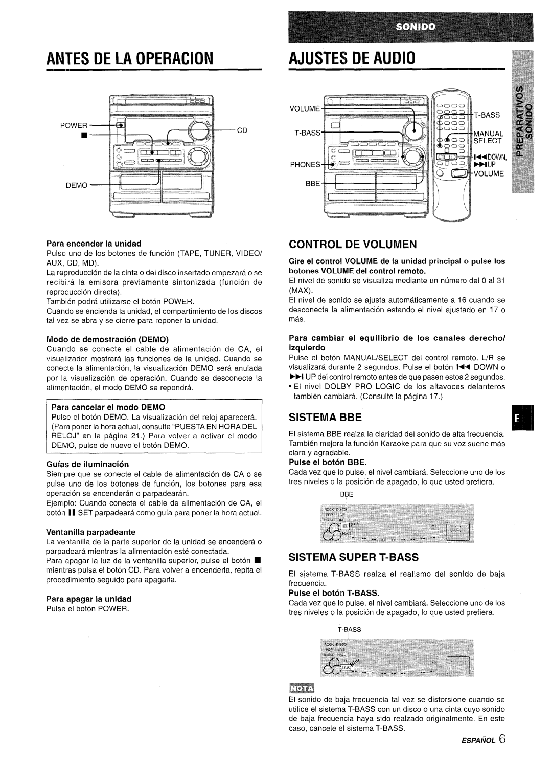 Aiwa CX-NMT50 manual Antes De La Operacion, Ajustes De Audio, Control De Volumen, SISTEMA 13BE, Sistema Super T-Bass 