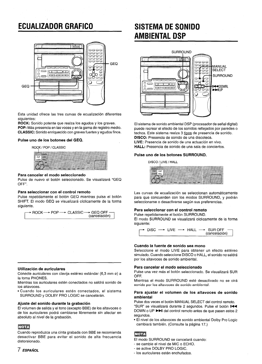 Aiwa CX-NMT50 manual Ecualizador Grafico, Sistema De Sonido Ambiental Dsp, Para cancelar el modo seleccionado 