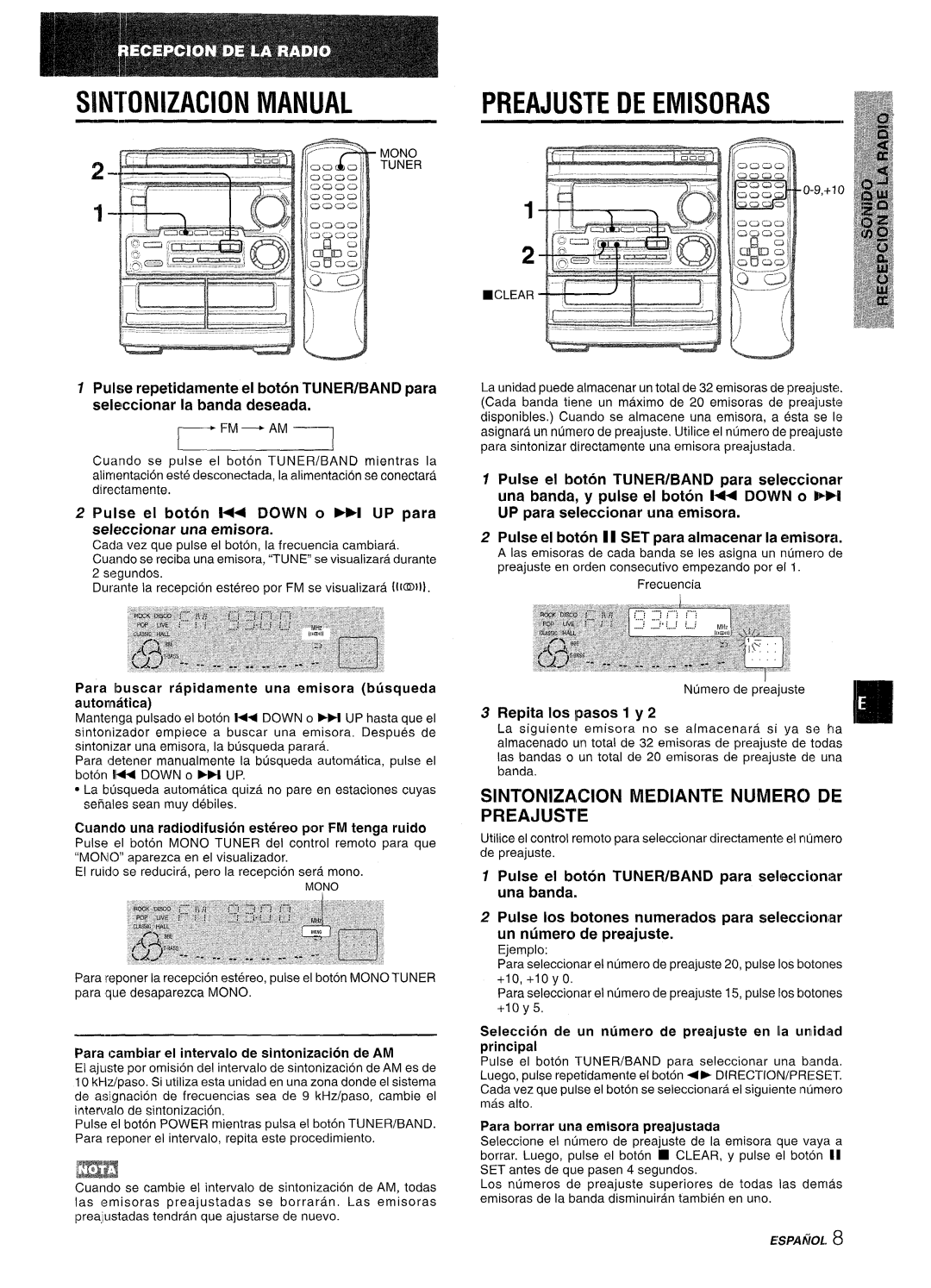 Aiwa CX-NMT50 manual Sintonizacion Manual, Preajuste De Emisoras, Sintonizacion Mediante Numerc De Preajuste 