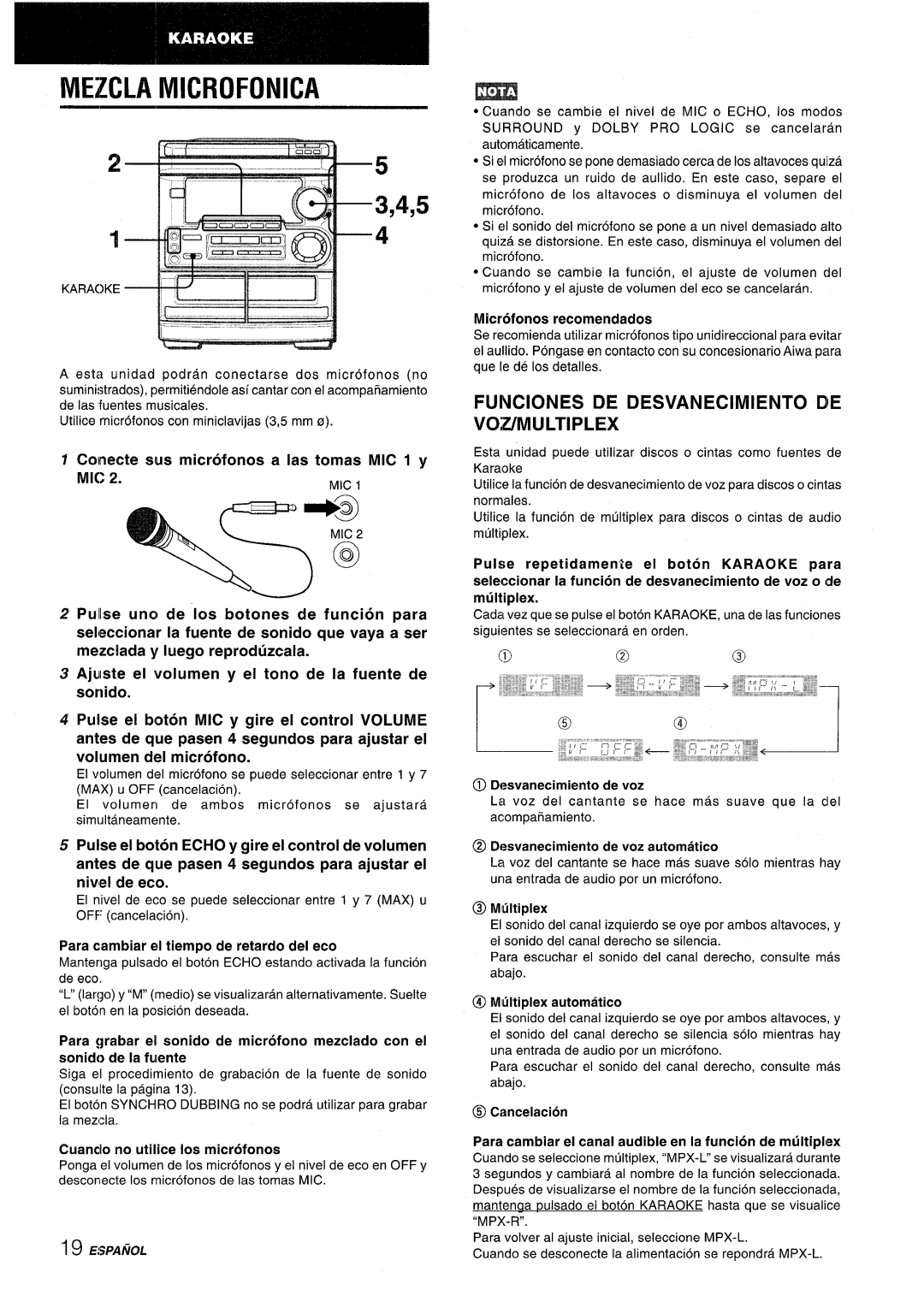 Aiwa CX-NMT50 manual Mezcla Microfonica, 3,4,5, Funciones De Desvanecimiento Die Vozmultiplex, Microfonos recomendados 