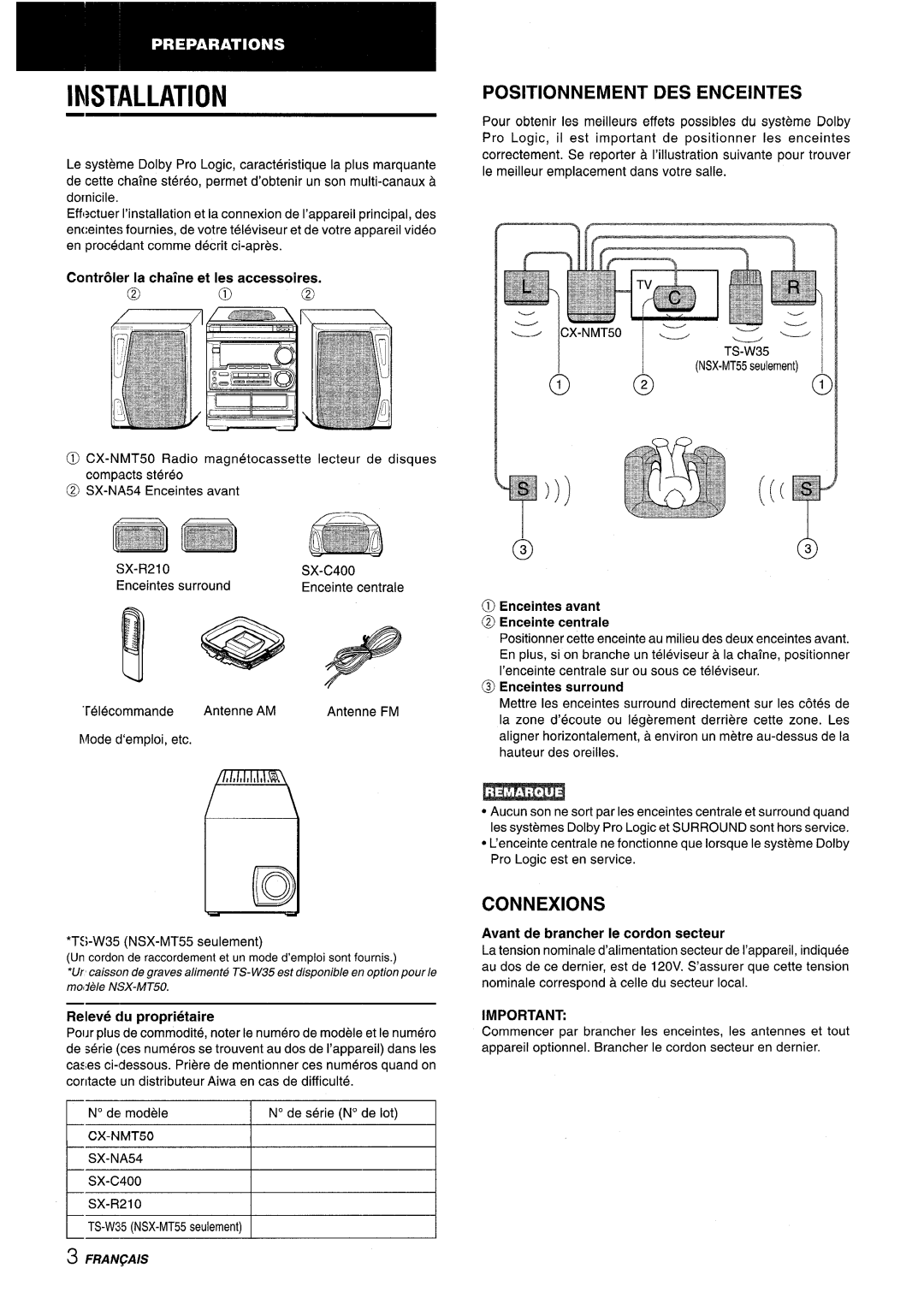 Aiwa CX-NMT50 manual Installation, Positionnement Des Enceintes, Connexions, @ Enceintes avant @ Enceinte centrale 