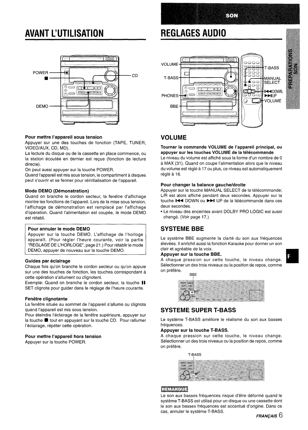Aiwa CX-NMT50 Avant L’Utilisation, Reglages Audio, Systeme Bbe, Systeme Super T-Bass, Pour mettre I’appareil sous tension 