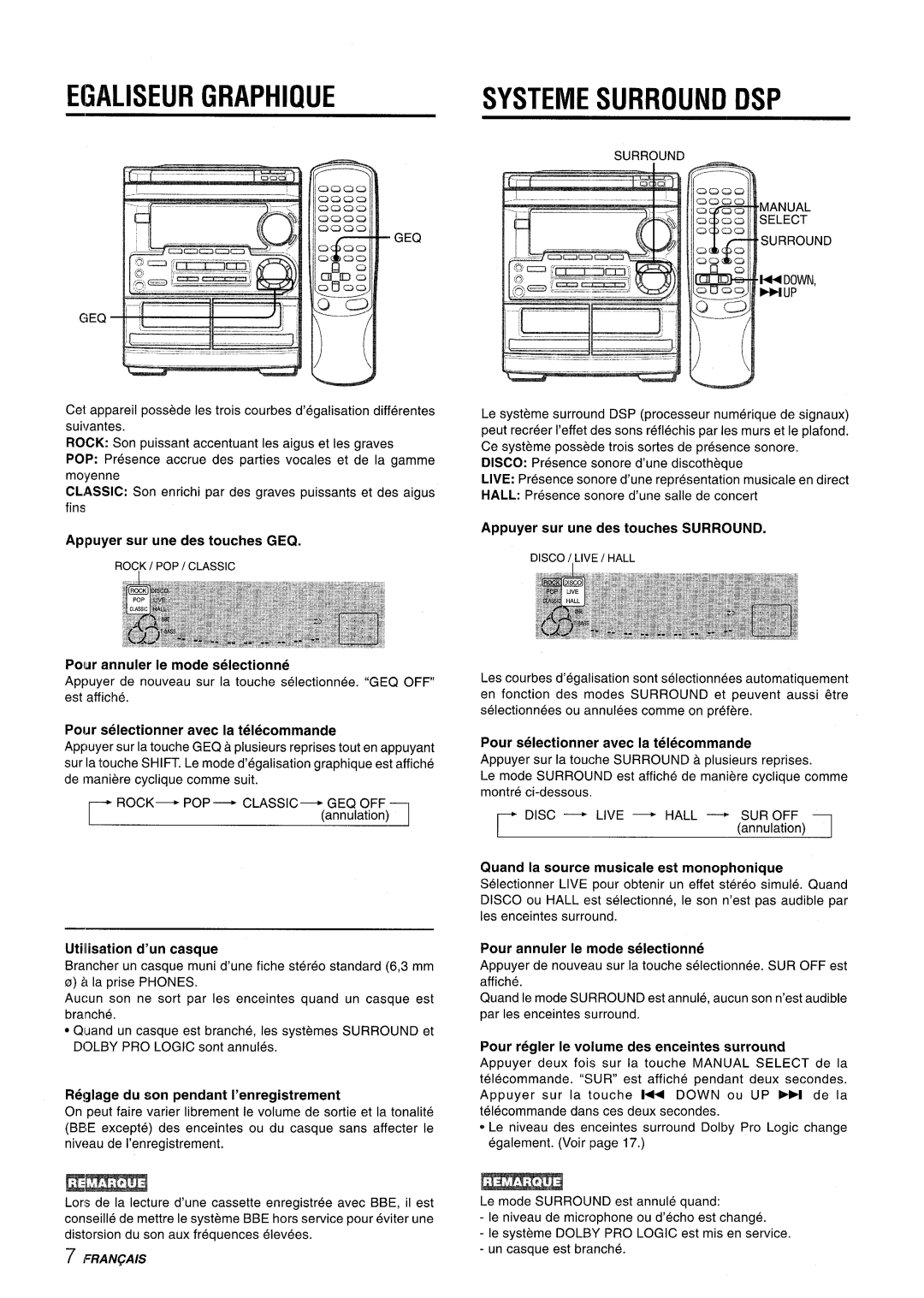 Aiwa CX-NMT50 manual Egaliseur Graphiiue, Systeme Surround Dsp, l“#.- ,,I, 7 ,LRA~@/s, Appuyer sur une des touches GEQ 