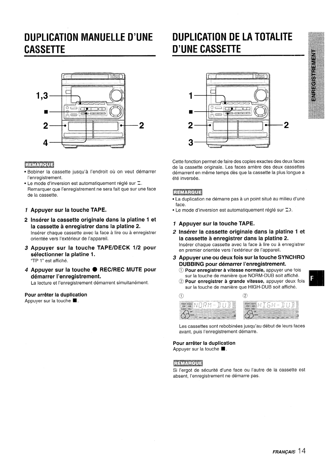 Aiwa CX-NMT50 Duplication Manuelle D’Une Duplication De La Totalite, ‘1,3, D’Une Cassette, Appuyer sur la touche TAPE 