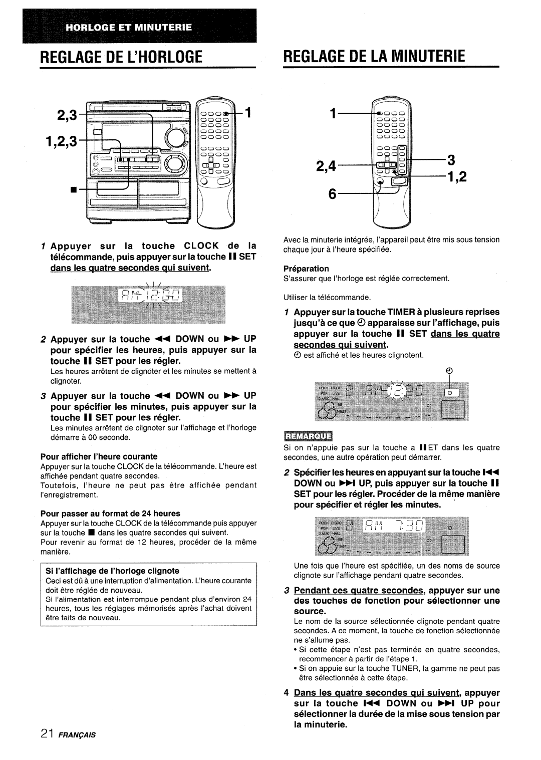 Aiwa CX-NMT50 manual Reglagedel’Horloge, 2,43 1,2, Reglage De La Minuterie, Pour afficher I’heure courante, Preparation 