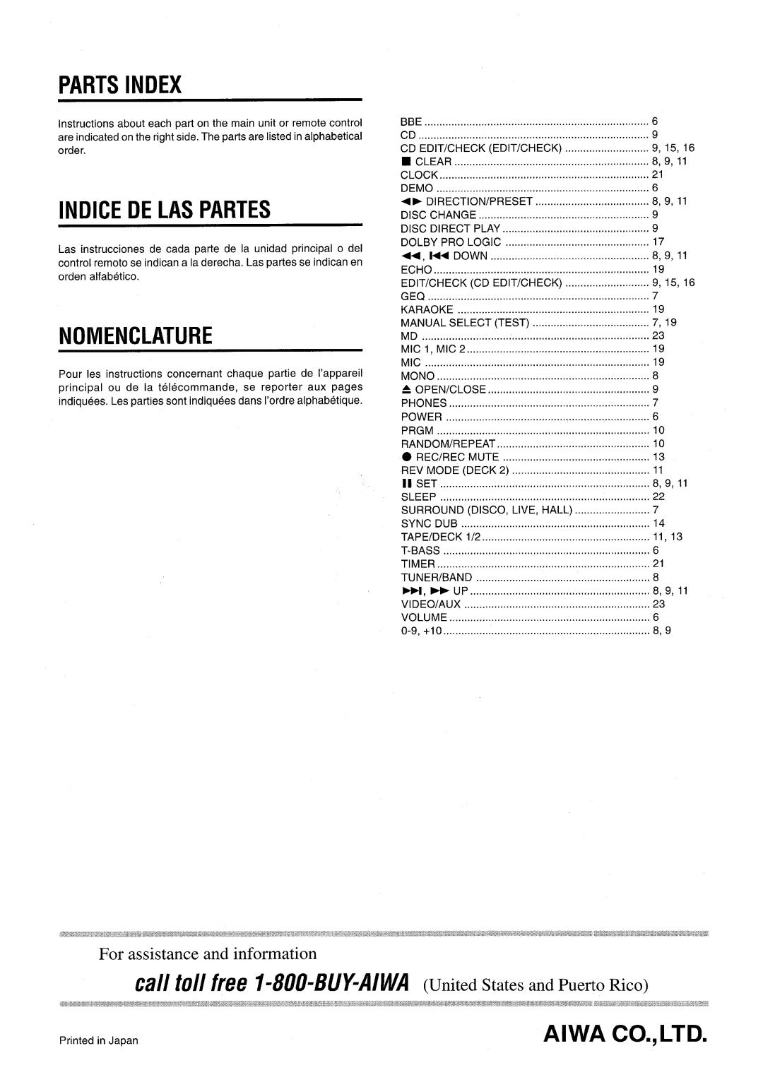 Aiwa CX-NMT50 Parts Index, Indice De Las Partes, Nomenclature, C~// ~0// fll?e l-80&6ukA/wA United States and Puerto Rico 