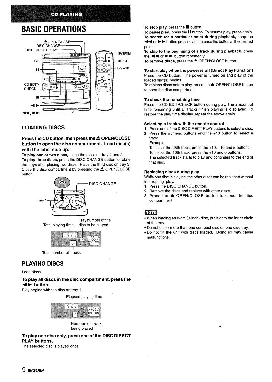 Aiwa CX-NV8000 manual Basic Operations, Loading Discs, Playing Discs, To check the remaining time 