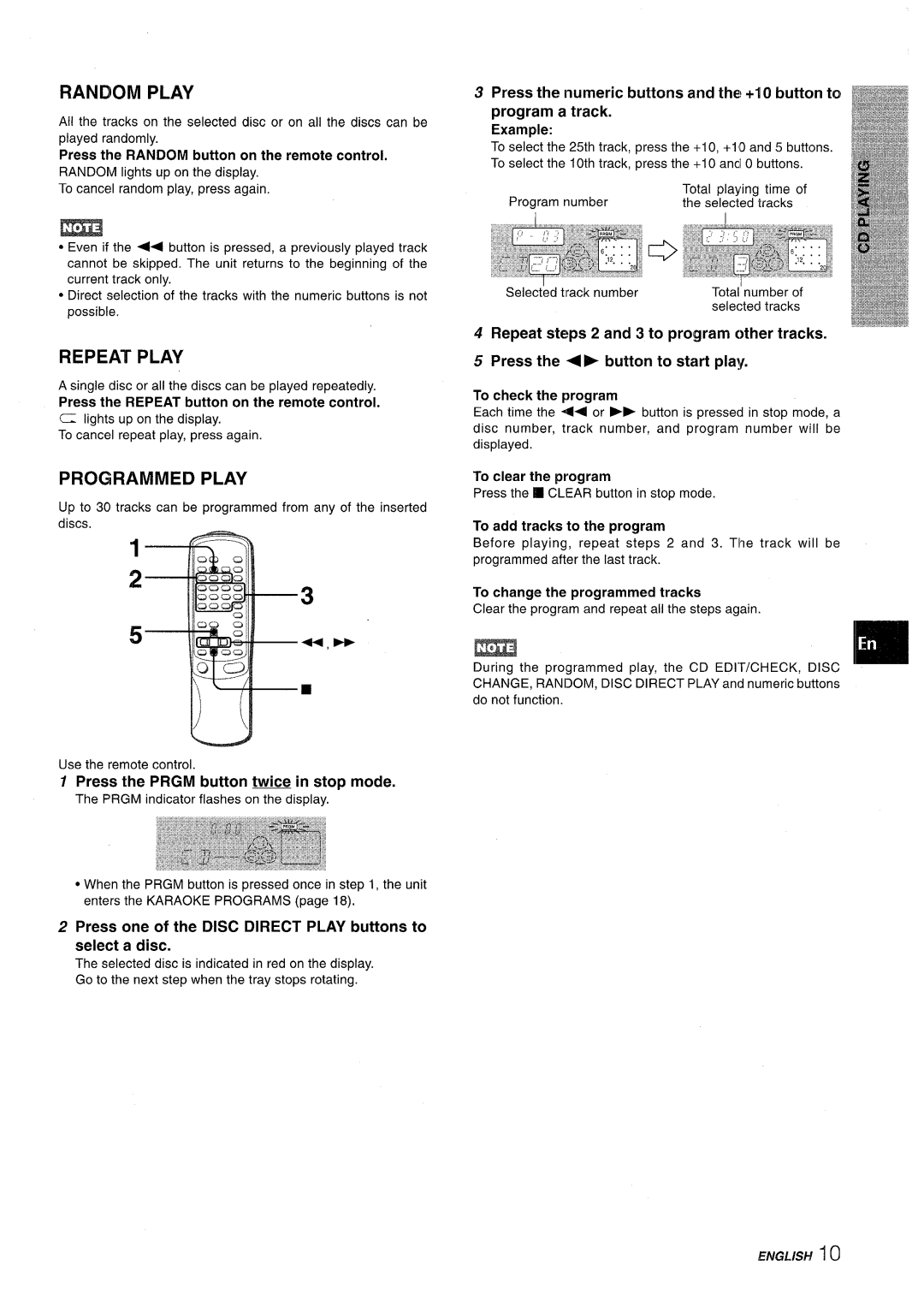 Aiwa CX-NV8000 manual Random Play, Repeat Play, Programmed Play, Press the Prgm button twice in stop mode 