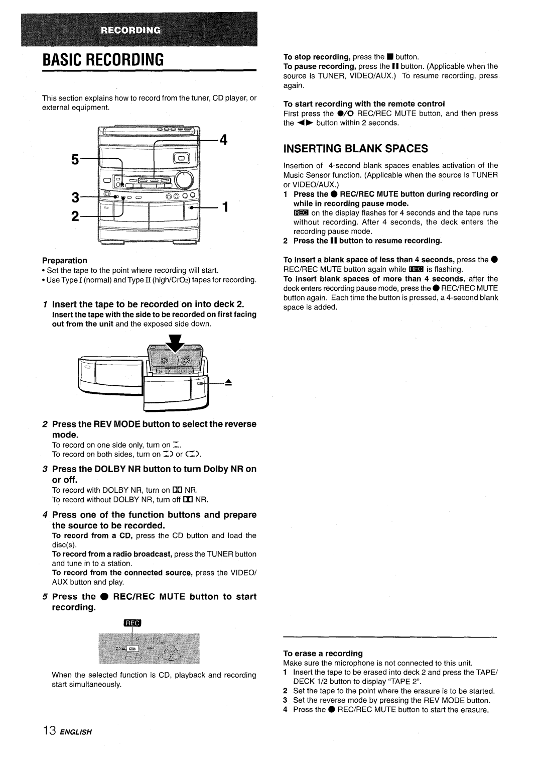 Aiwa CX-NV8000 manual Basic Recording, Inserting Blank Spaces 