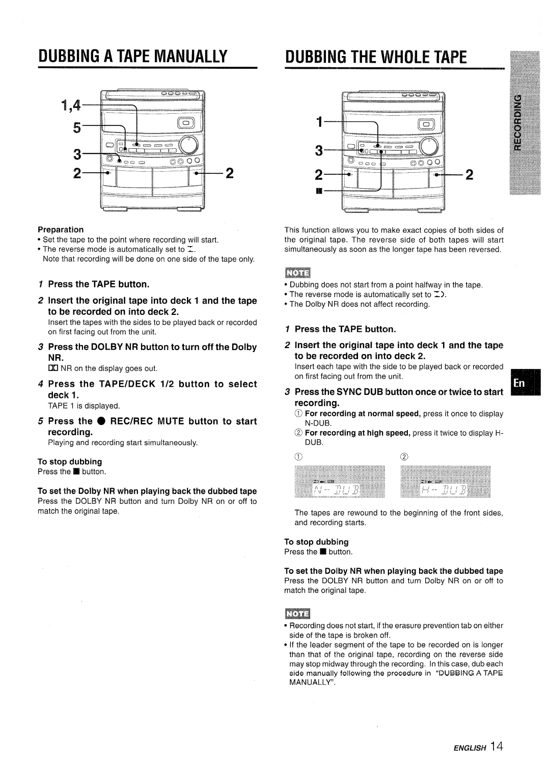 Aiwa CX-NV8000 manual Dubbing a Tape Manually, Dubbing the Whole Tape, Press the Dolby NR button to turn off the Dolby NR 