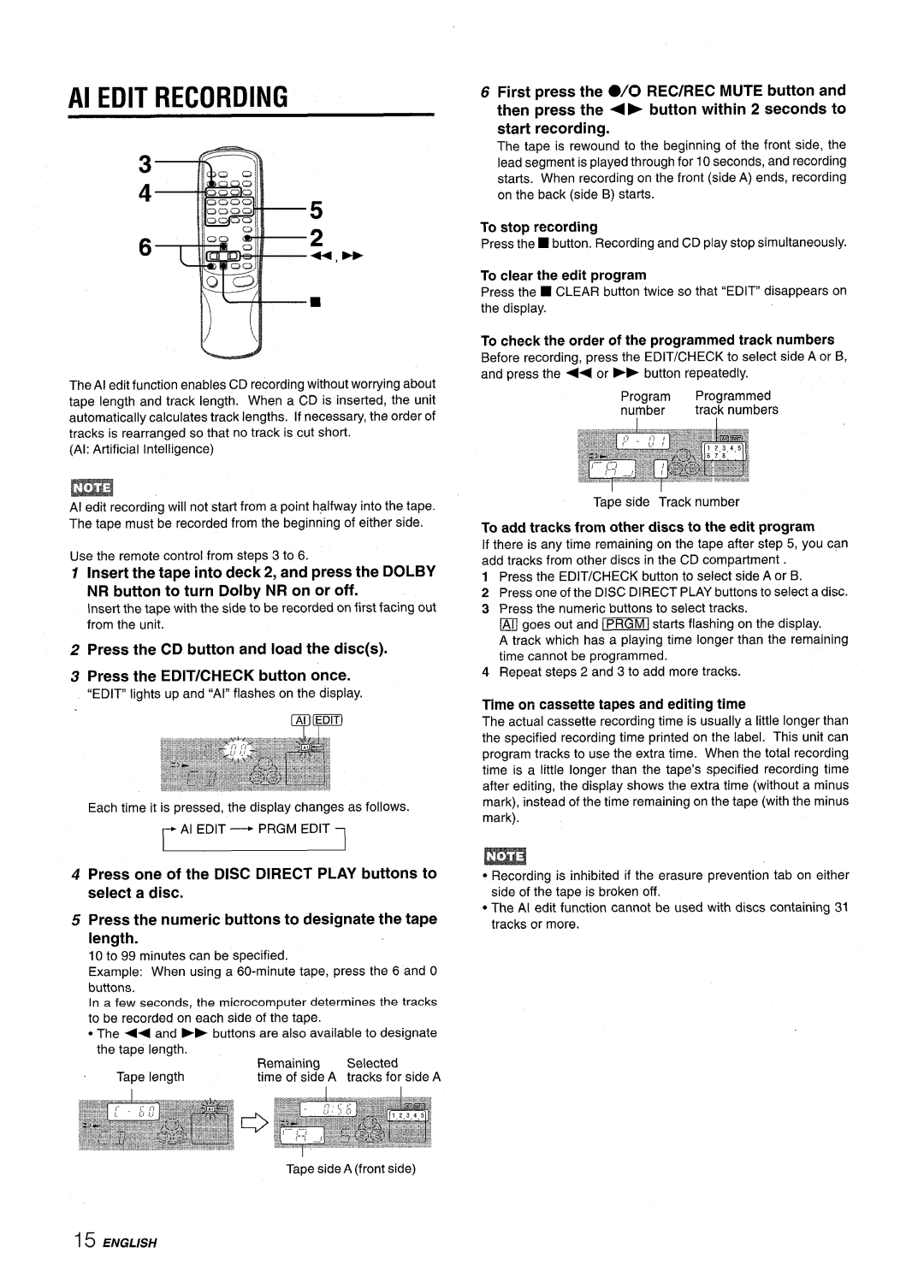 Aiwa CX-NV8000 manual To stop recording, Time on cassette tapes and editing time, To clear the edit program 