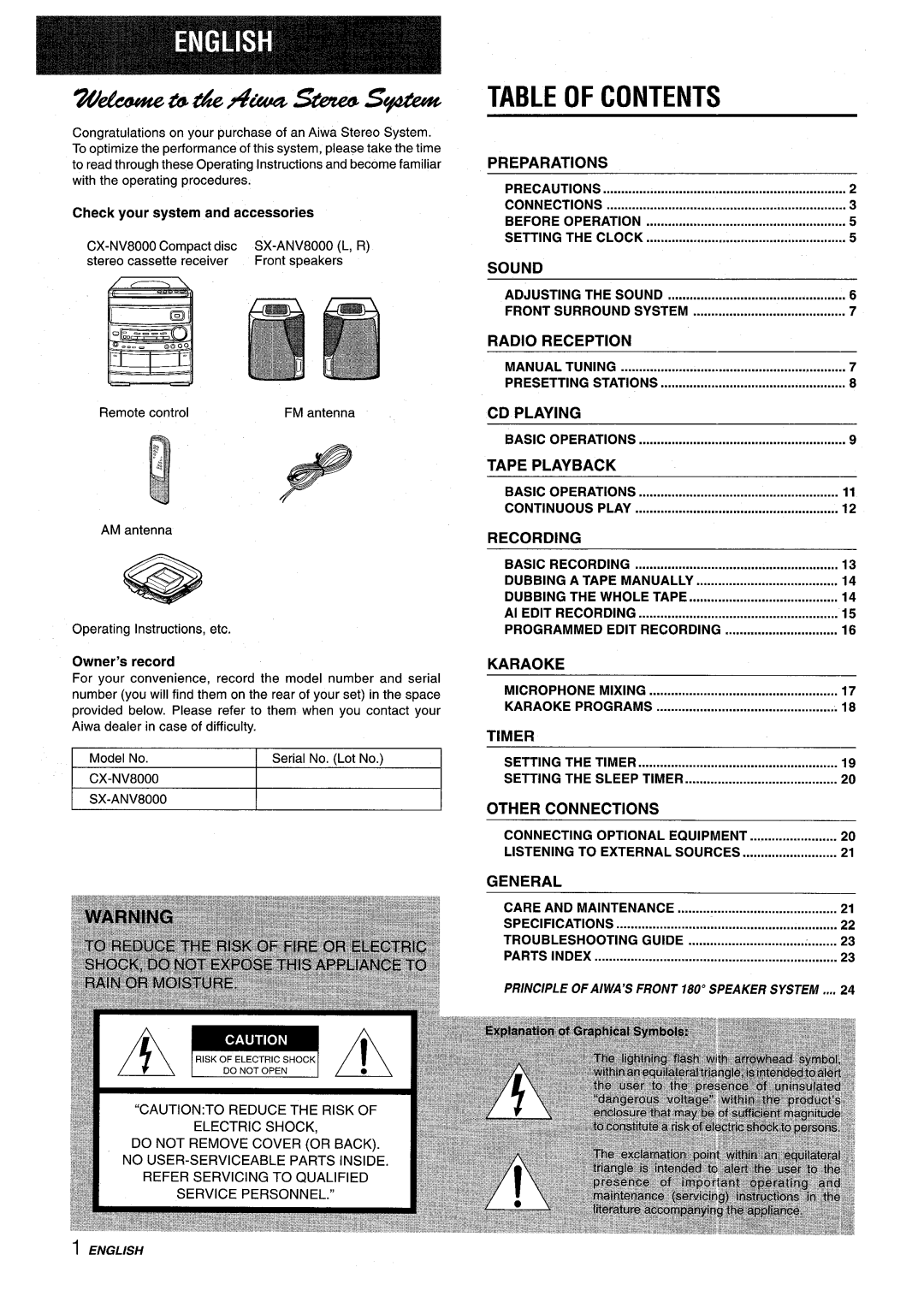 Aiwa CX-NV8000 manual Table of Contents 