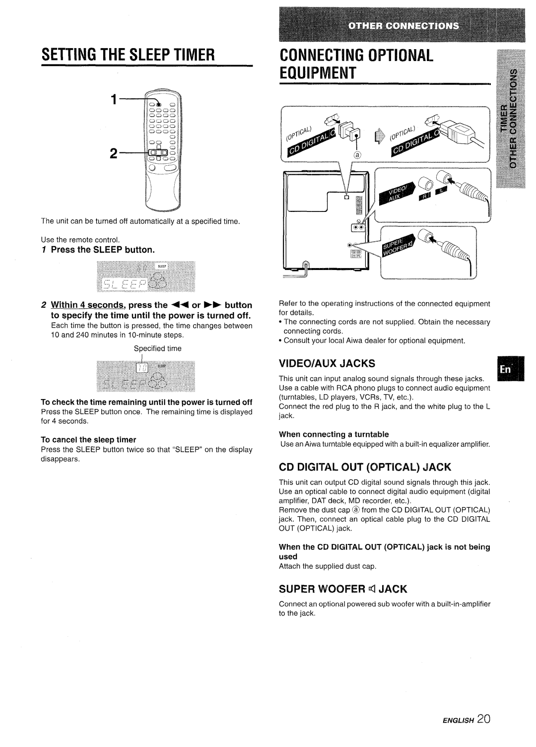 Aiwa CX-NV8000 manual Setting the Sleep Timer, Connecting Optional Equipment, VIDEO/AUX Jacks, CD DIGITAL, OUT Optical Jack 