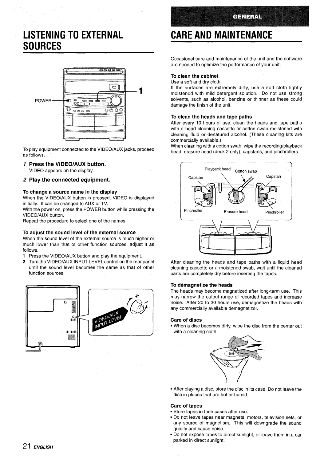 Aiwa CX-NV8000 manual Listening to External Sources, Care and Maintenance, Press the VIDEO/AUX button 