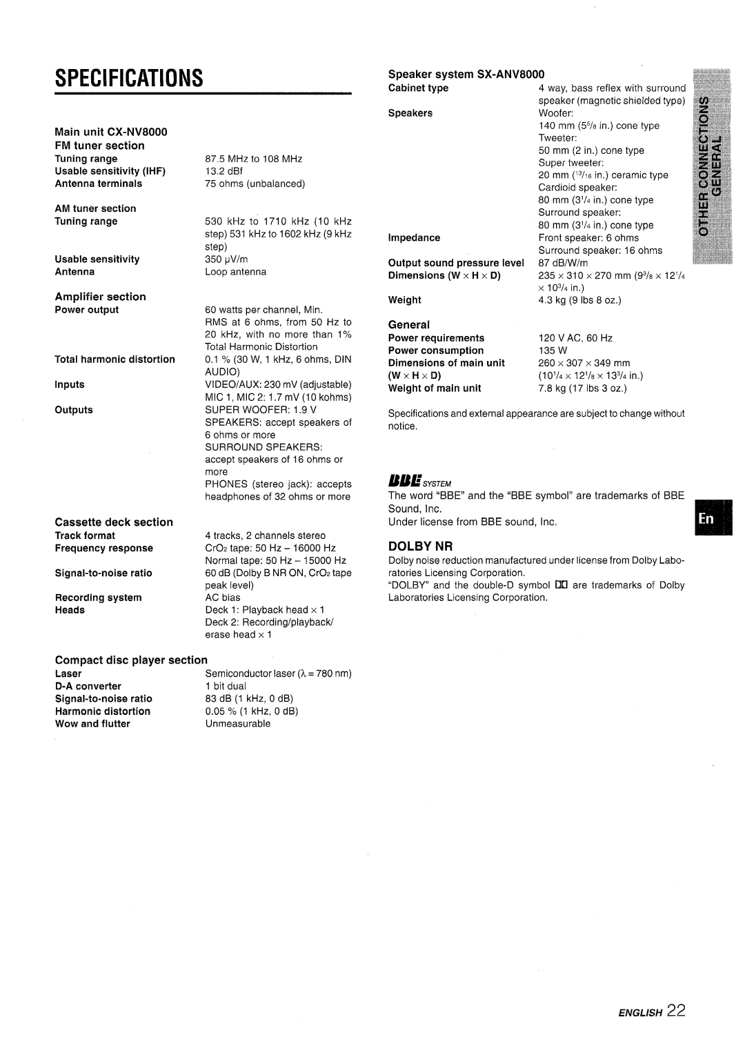 Aiwa CX-NV8000 manual Specifications, Dolby NR 