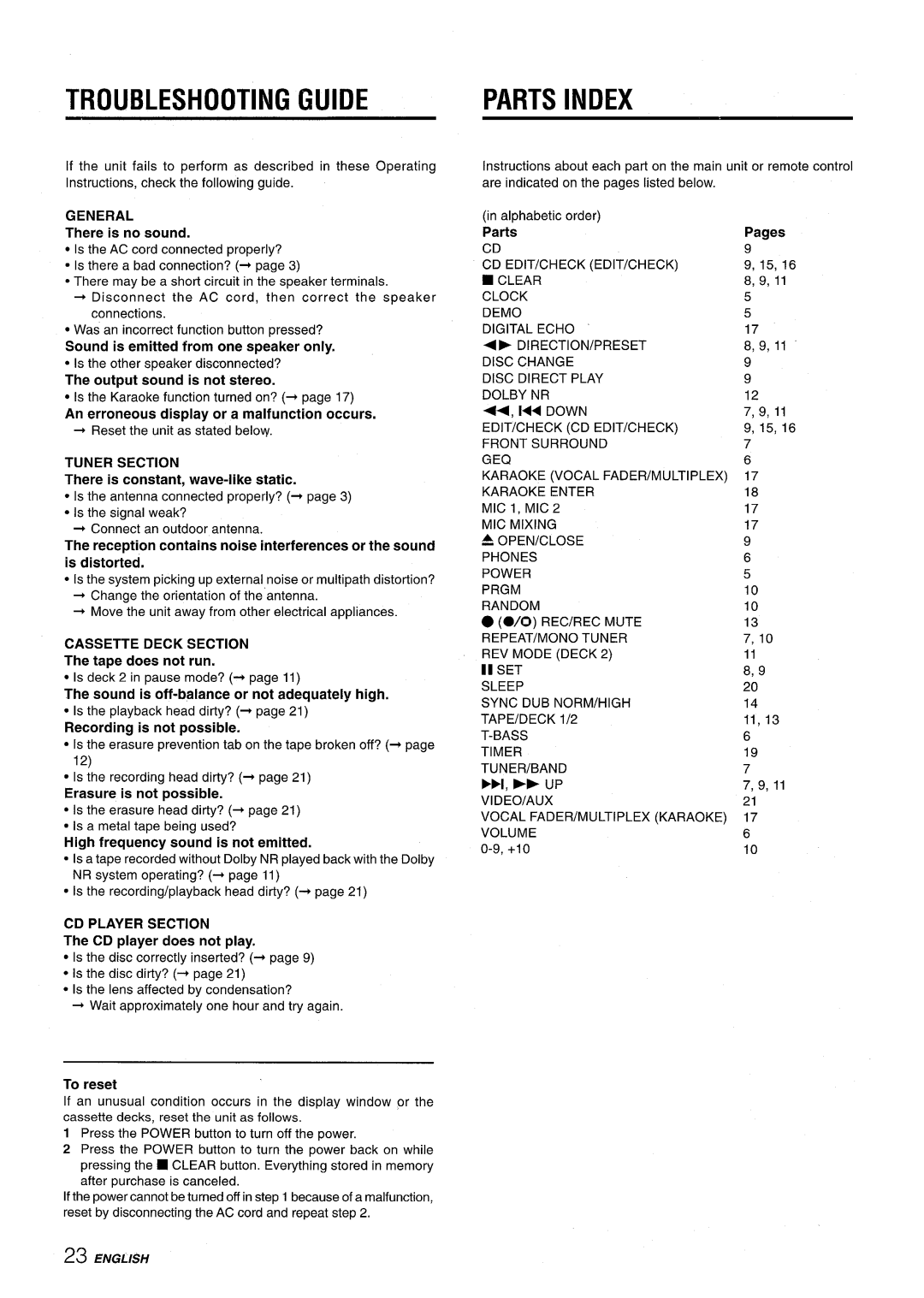 Aiwa CX-NV8000 manual Troubleshooting Guide Parts Index, CD Player Section 