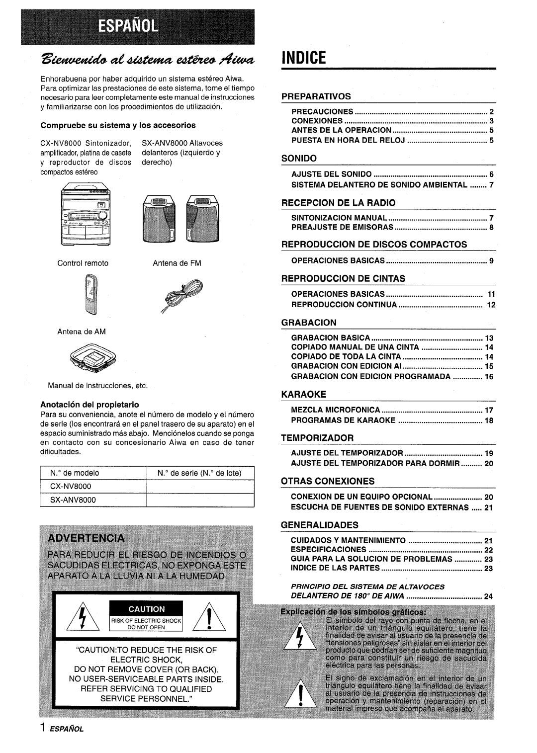 Aiwa CX-NV8000 manual Indice 