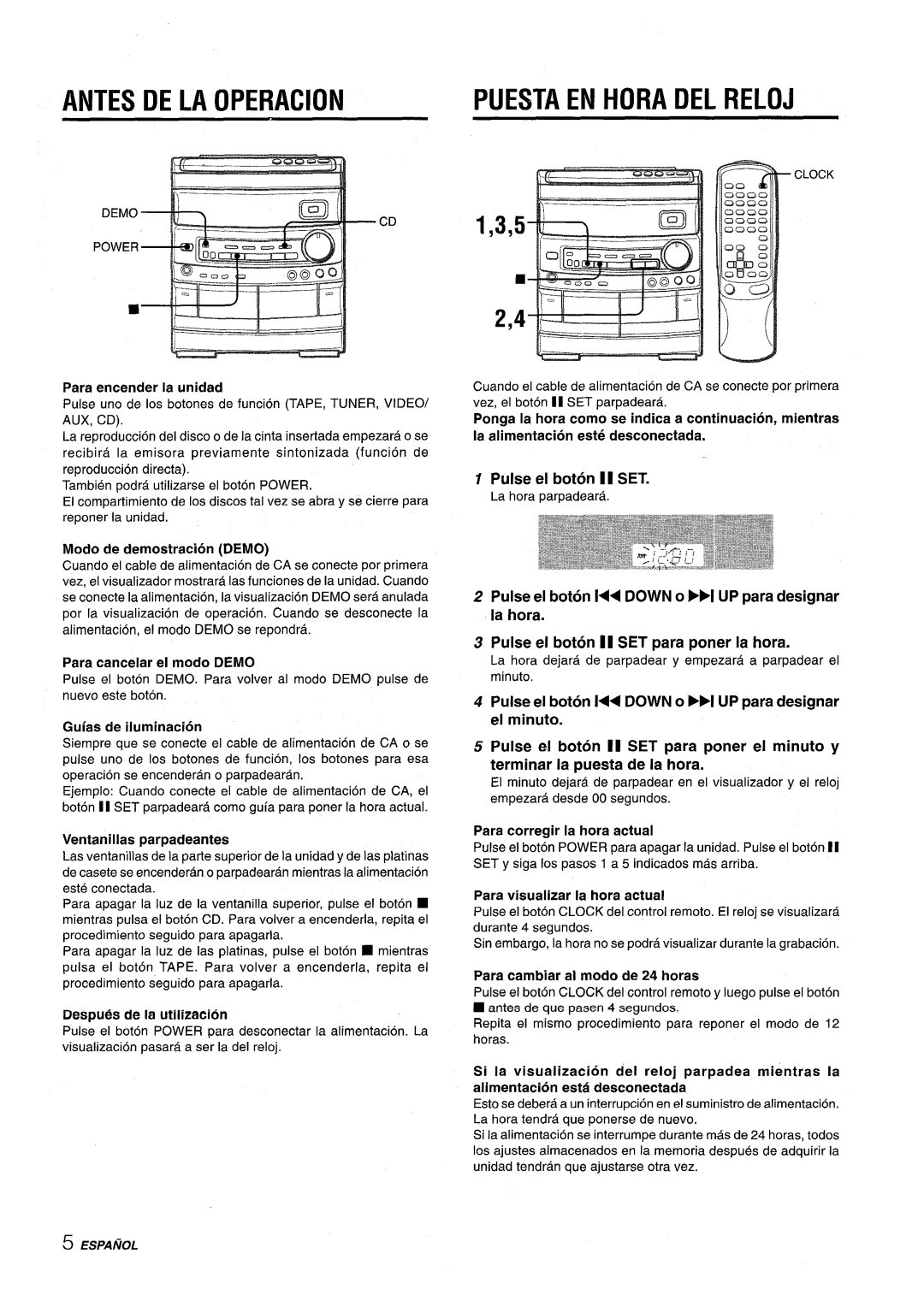 Aiwa CX-NV8000 manual Antes DE LA Operacion, Puesta EN Hora DEL Reloj, Para cancelar el modo Demo 