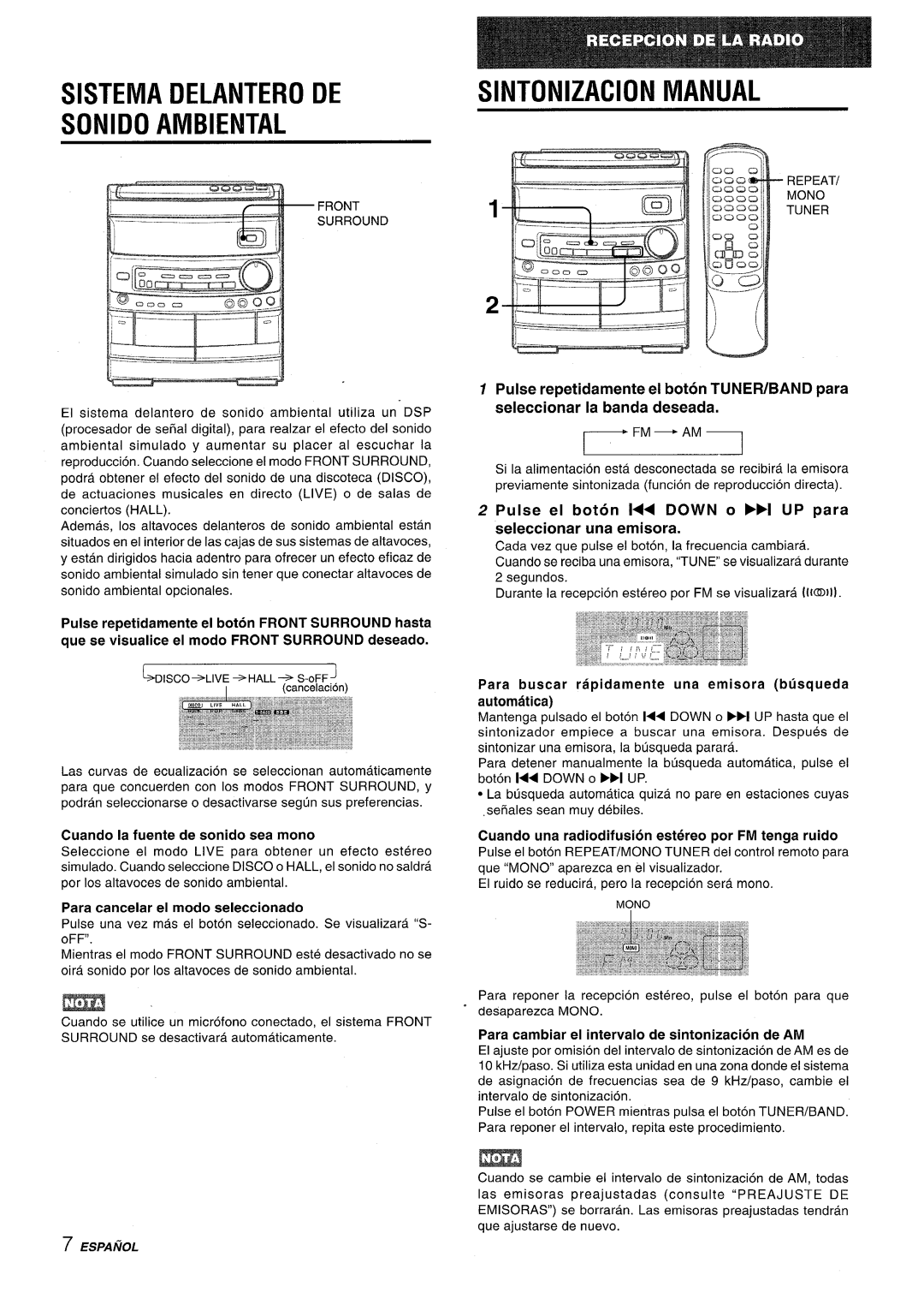 Aiwa CX-NV8000 manual Sistema Delantero DE Sonido Ambiental, Sintonizacion Manual, Fm- Am 