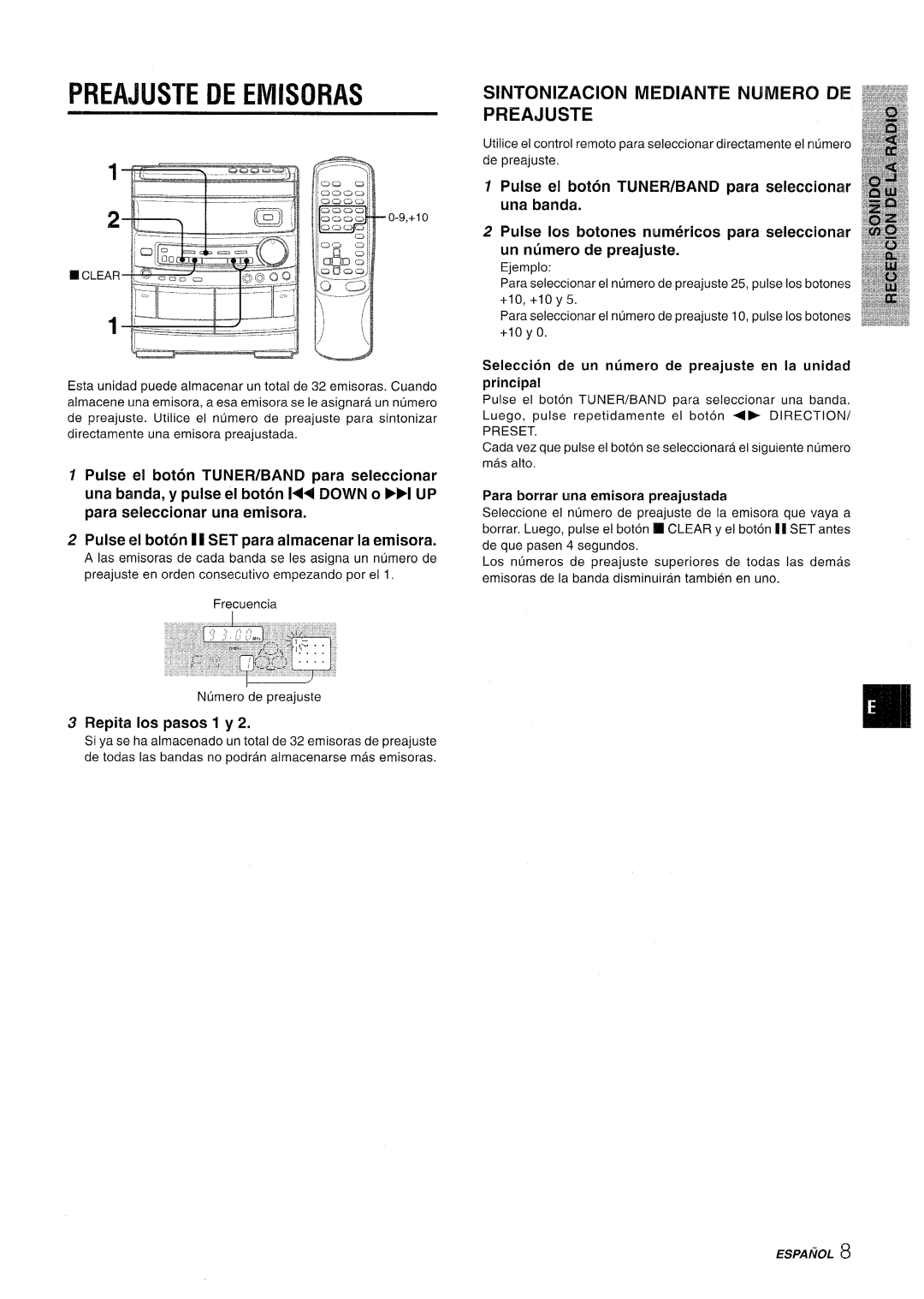 Aiwa CX-NV8000 manual Preajuste DE Emisoras, Pulse el boton I I SET para almacenar la emisora 