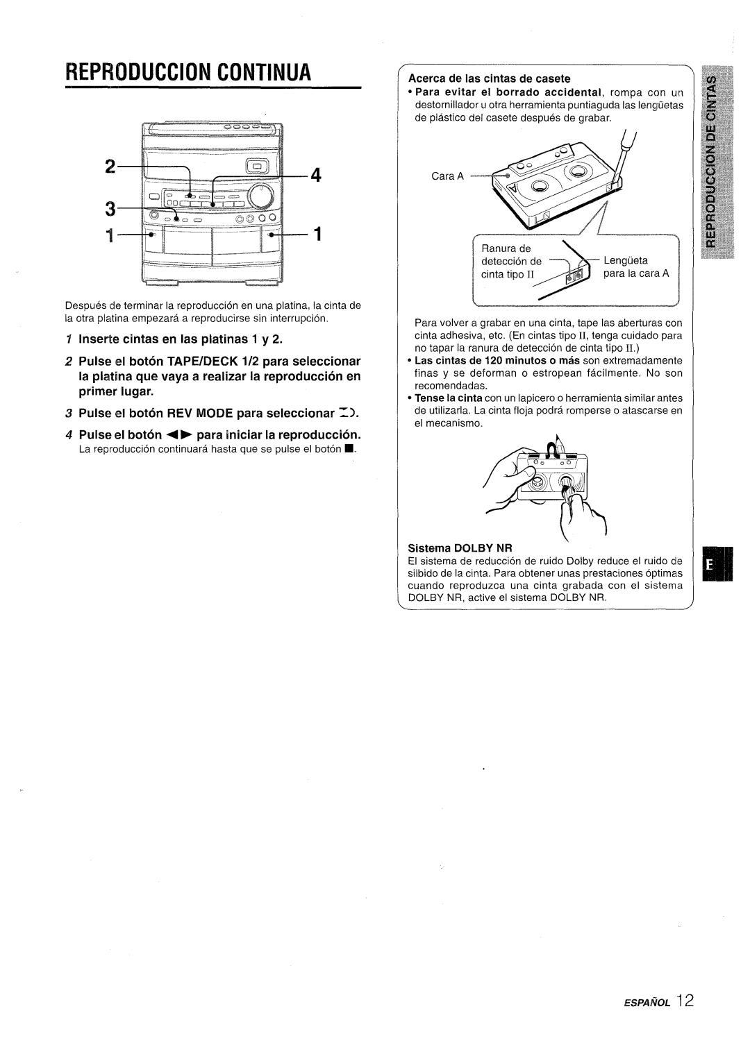 Aiwa CX-NV8000 manual Reiwiduccion Continua, Acerca de Ias cintas de casete, Lj~ 