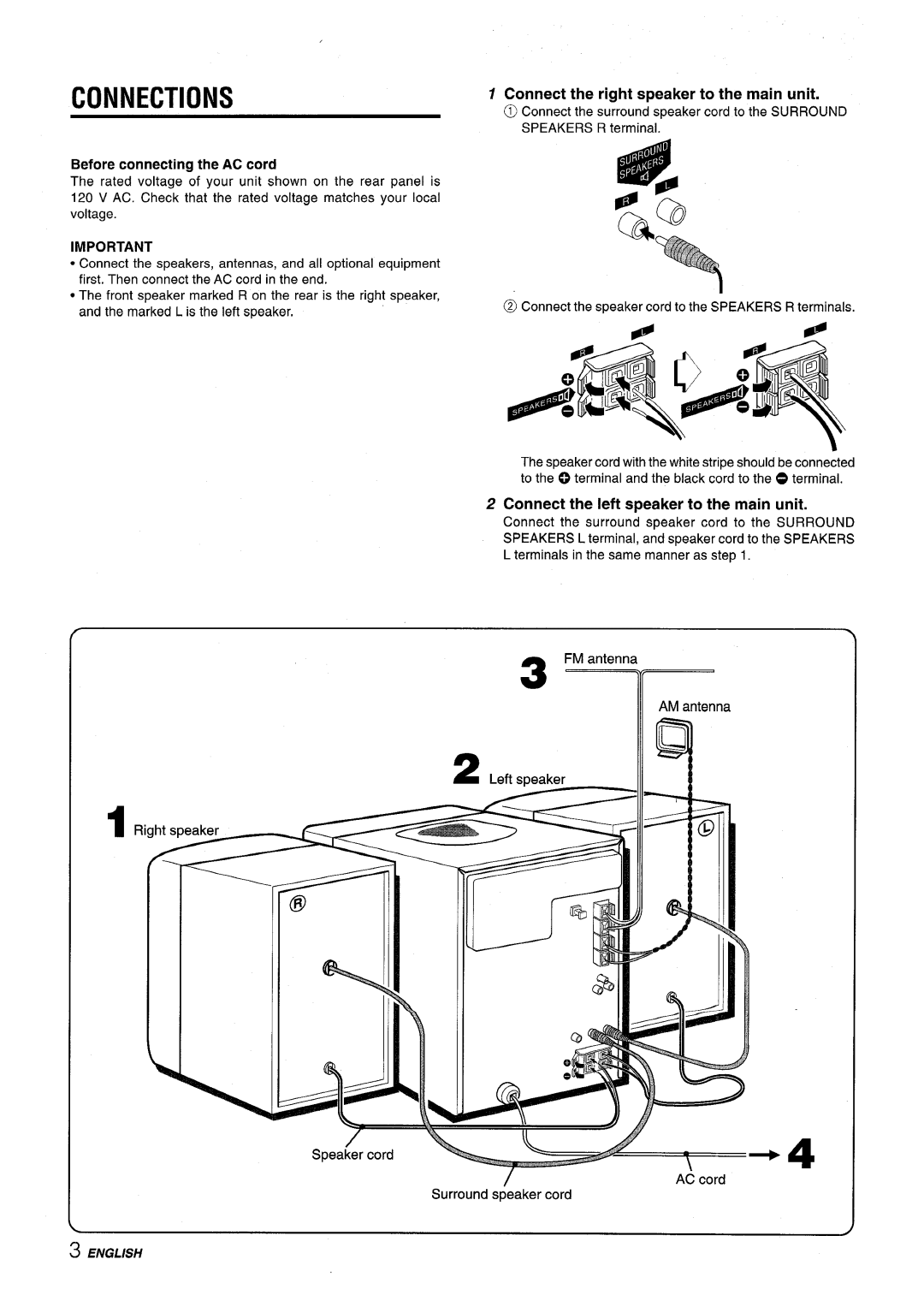 Aiwa CX-NV8000 manual Connections, Connect the right speaker to the main unit, Connect the left speaker to the main unit 