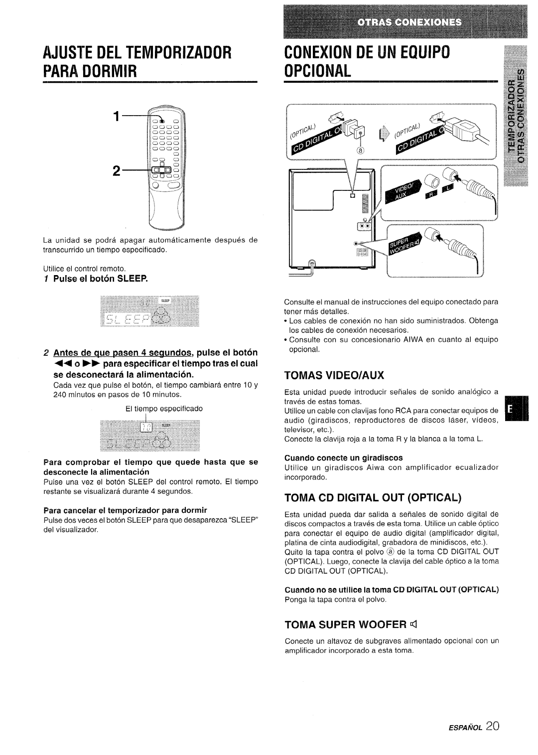 Aiwa CX-NV8000 manual Ajuste DEL Tempofuzador Para Dormir, Tomas Vidhyaux, Toma CD Digital OUT Optical 