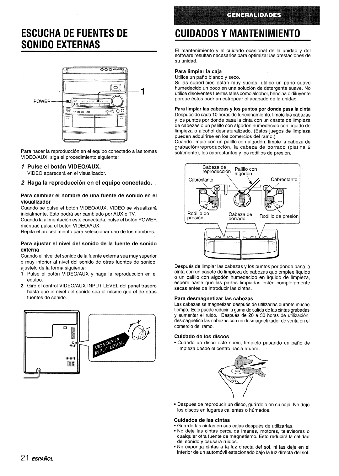 Aiwa CX-NV8000 manual Sonido Externas, Escucha DE Fuentes DE, Cuidados Y Iviantenimiento 