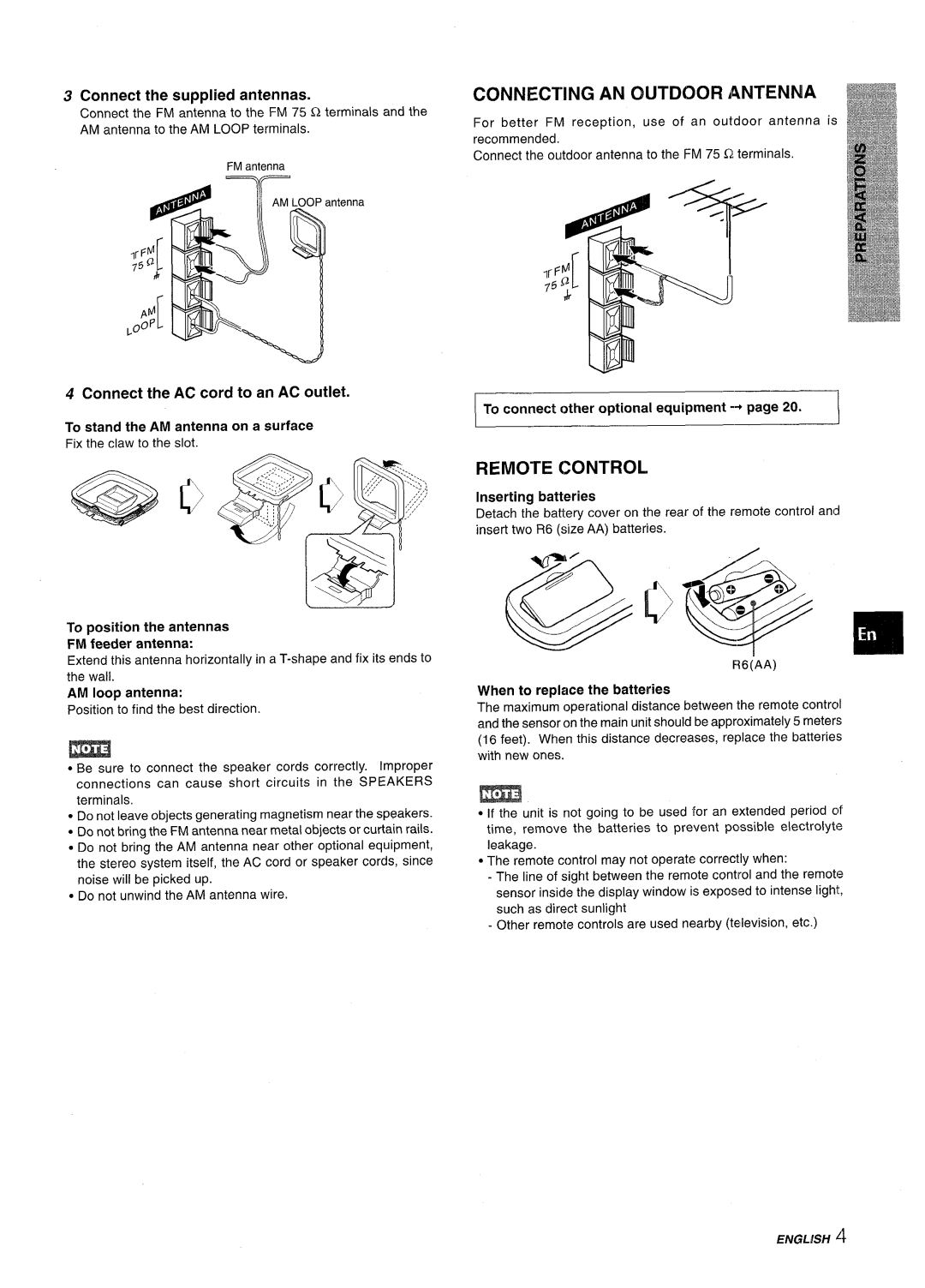 Aiwa CX-NV8000 manual Connecting AN Outdoor Antenna, Remote Control, Connect thesupplied antennas 