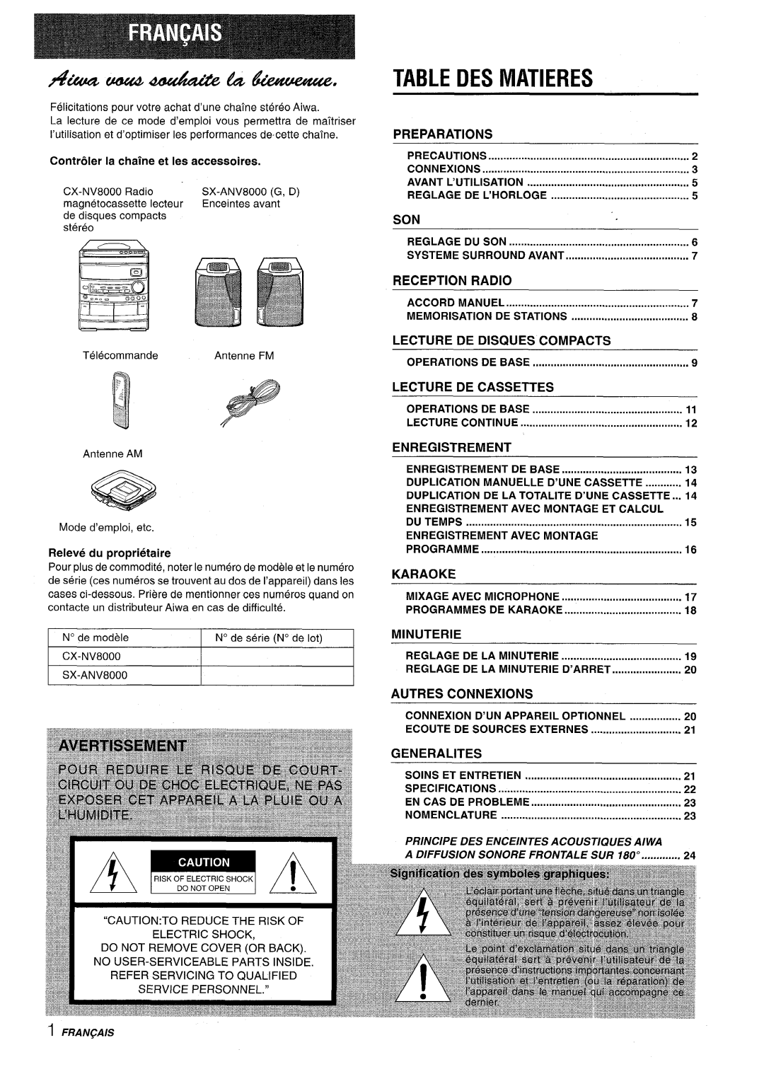 Aiwa CX-NV8000 manual DES Matieres 