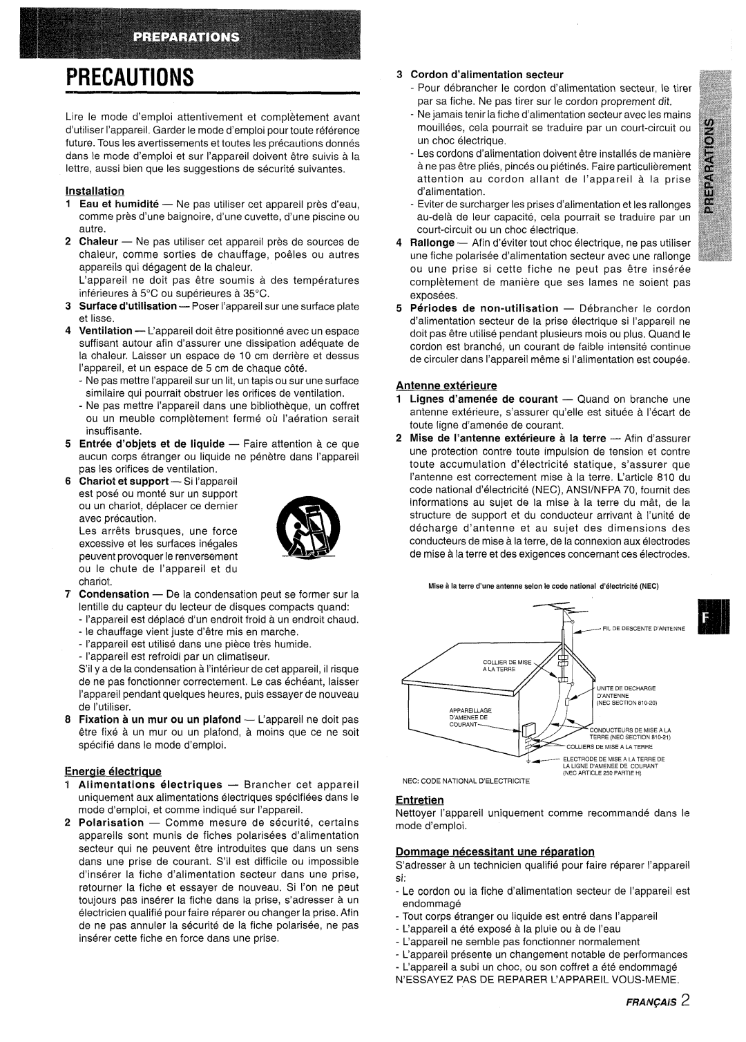 Aiwa CX-NV8000 manual Eneraie electriaue, Cordon d’alimentation secteur, Entretien, Dommaae necessitant une reparation 