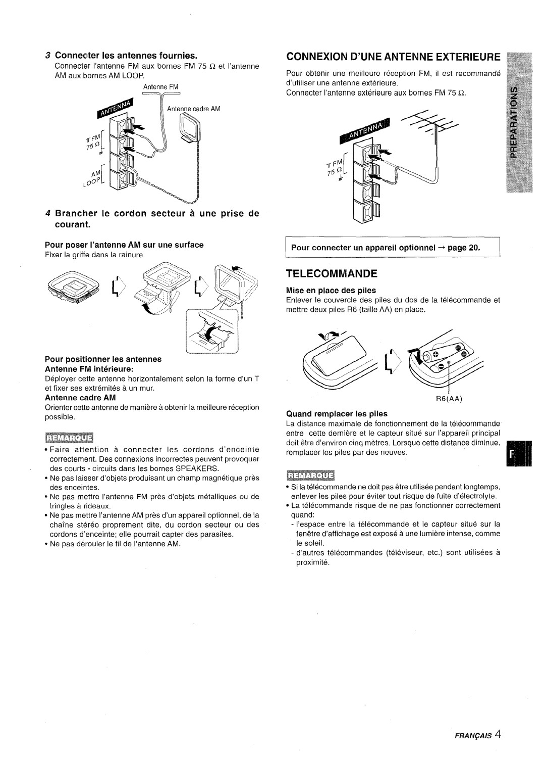 Aiwa CX-NV8000 manual Connexion D’UNE Antenne EXTEFUEI.JRE, Telecommande 