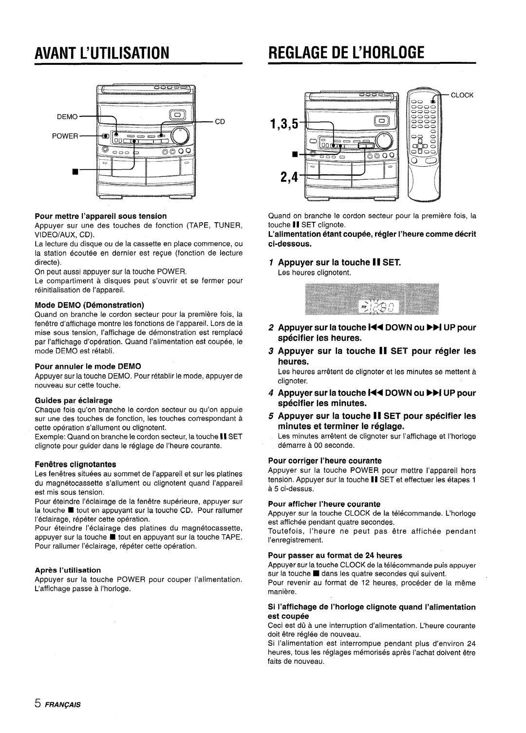 Aiwa CX-NV8000 manual Reglage DE L’HORLOGE, Avant Lwtilisation, Heures 