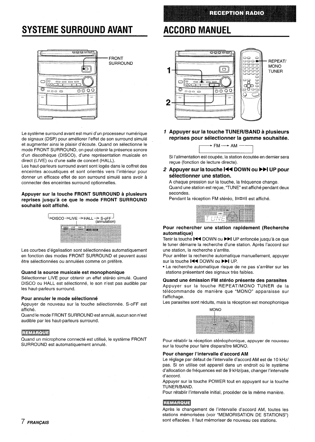 Aiwa CX-NV8000 manual Systemesurround Avant Accord Manuel, Fm Am, Quand la source musicale est monophonique 