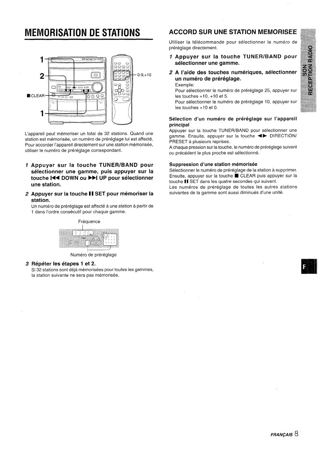 Aiwa CX-NV8000 manual Memorisation DE Stations, Appuyer sur la touche Tune Iwband poIur, Rep&er Ies etapes 1 et 