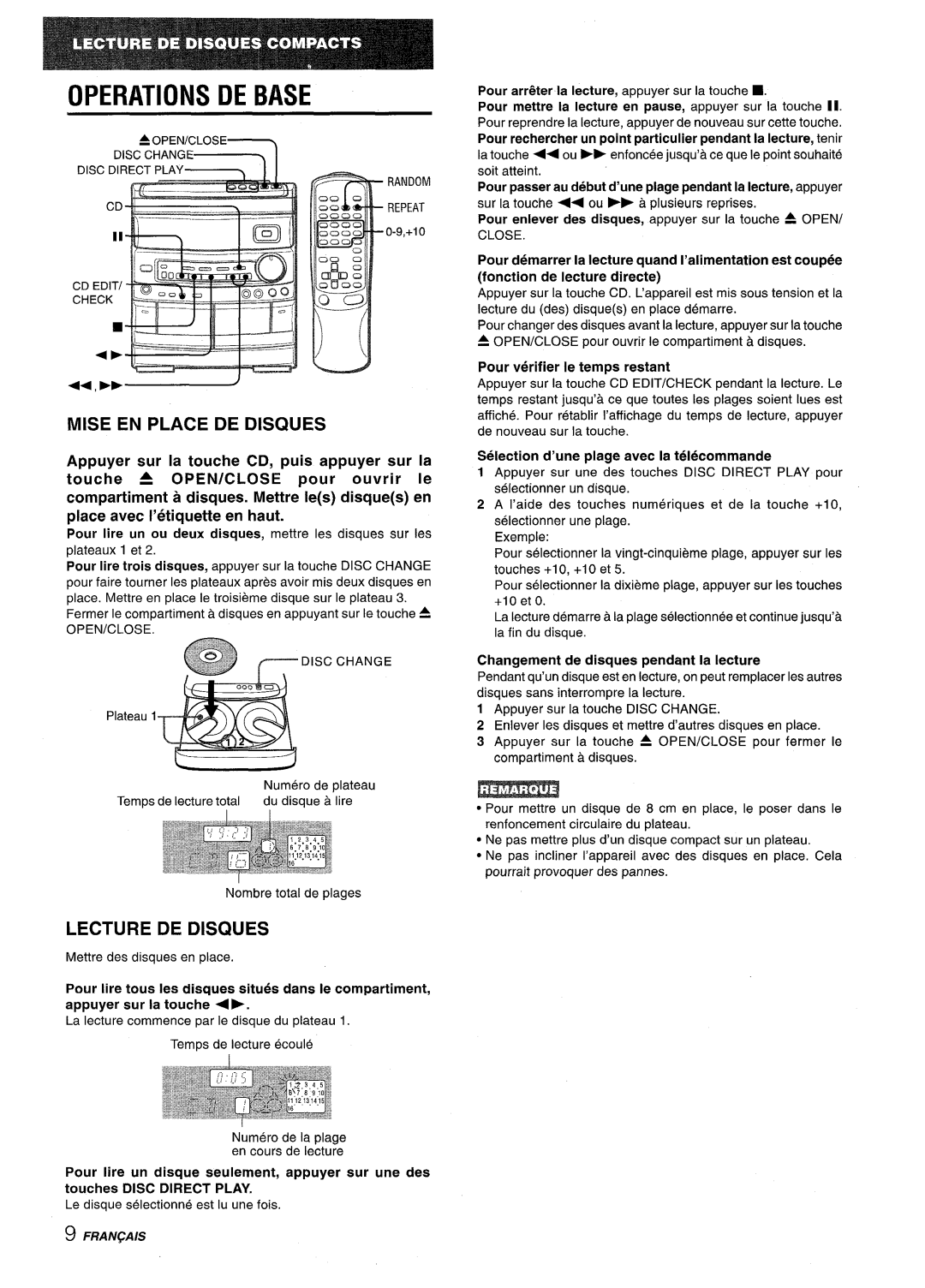 Aiwa CX-NV8000 manual Operations DE Base, Mise EN Place DE Disques, Lecture DE Disques 