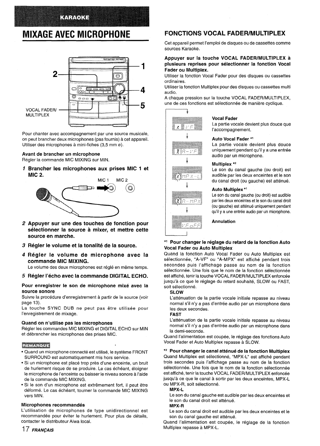 Aiwa CX-NV8000 Mixage Avec Microphone, Fonctions Vocal FADER/MULTIPLEX, Brancher Ies microphones aux prises MIC 1 et MIC 