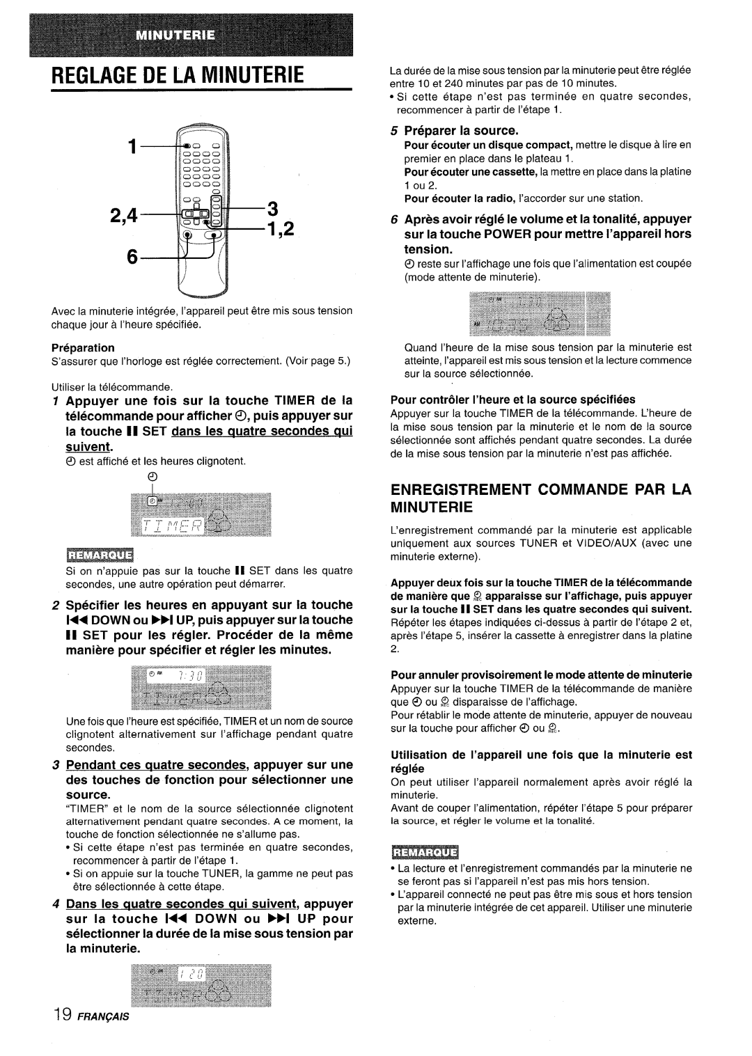 Aiwa CX-NV8000 manual Reglage DE LA Minuterie, Enregistrement Commande PAR LA Minuterie, Preparer la source 