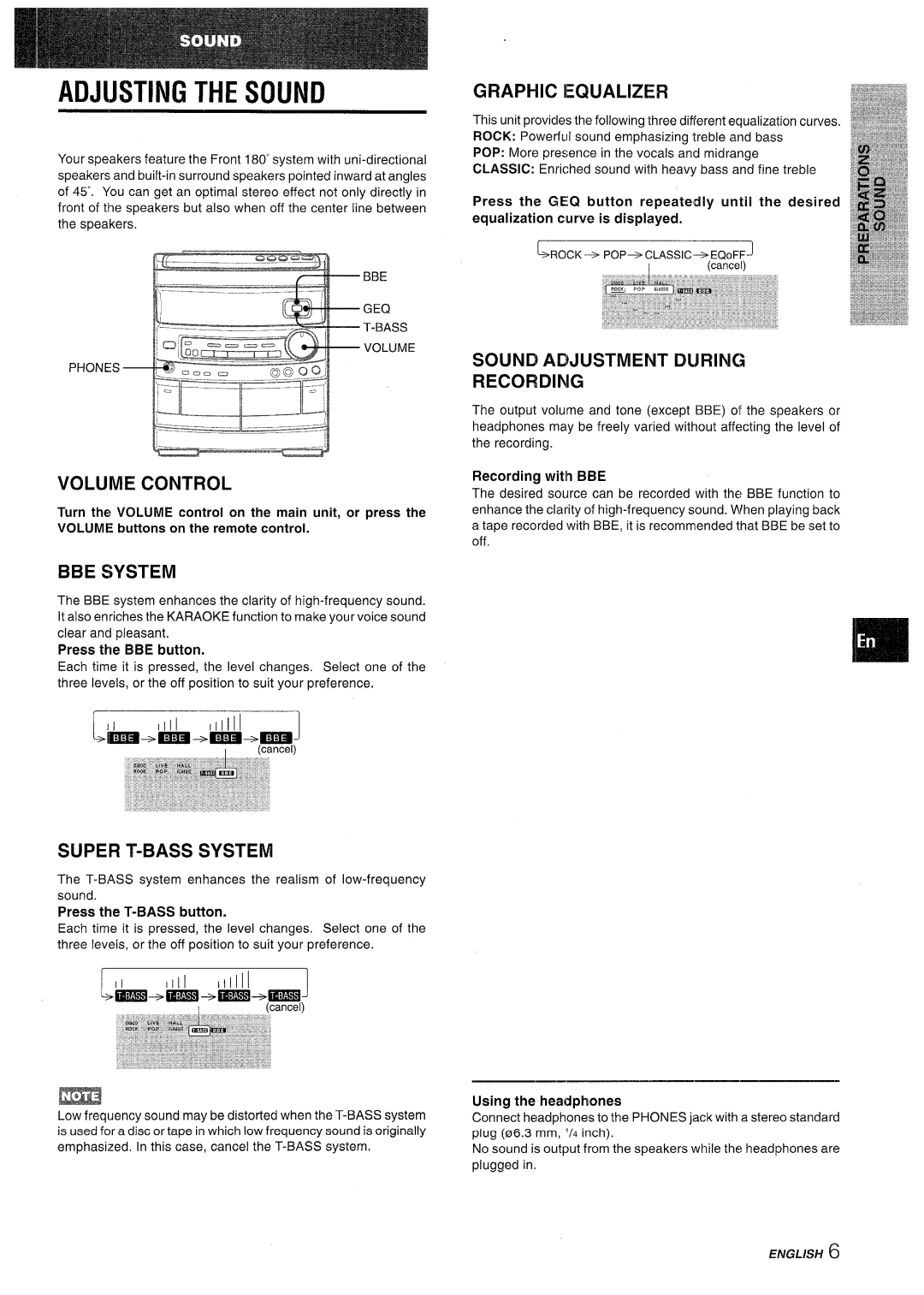 Aiwa CX-NV8000 Adjusting the Sound, Volume Control, BBE System, Sound Adjustment During Recording, Super T-BASS System 