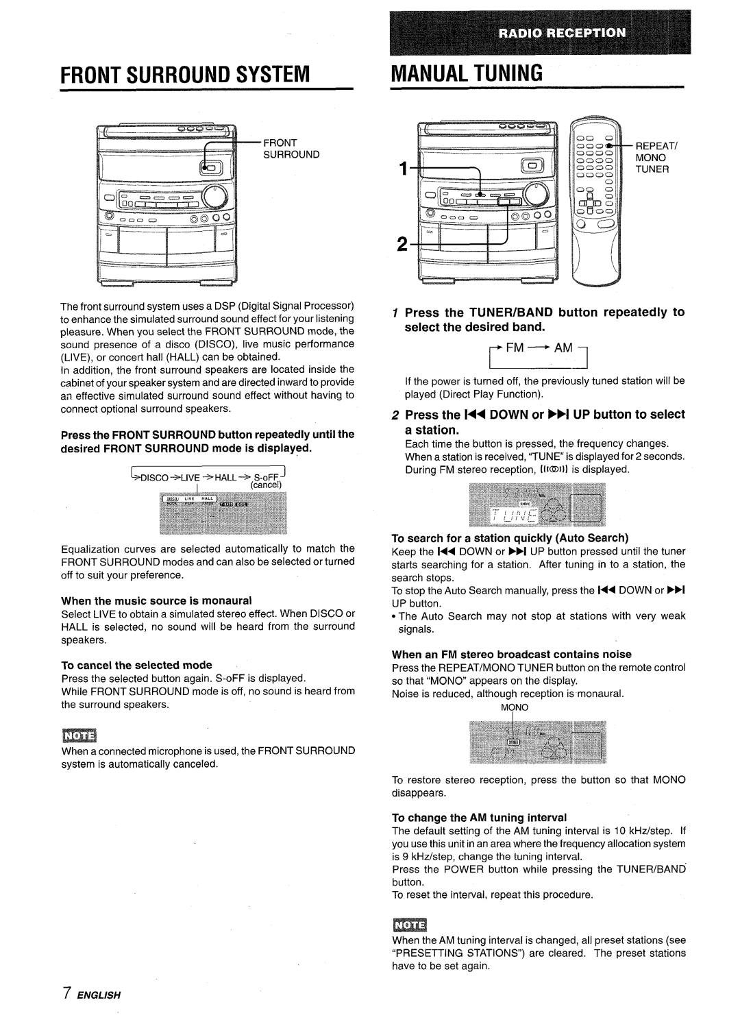 Aiwa CX-NV8000 manual Front Surround System, Manual Tuning, Press the 144 Down or WI UP button to select a station 