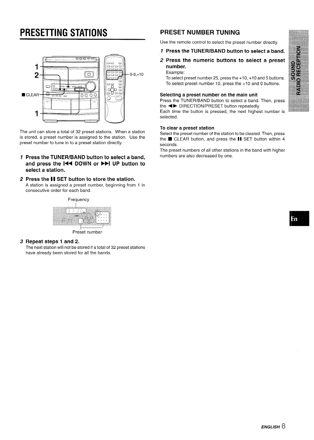 Aiwa CX-NV8000 manual Presetting Stations, Preset Number Tuning, Repeat steps 1, Selecting a preset number on the main unit 