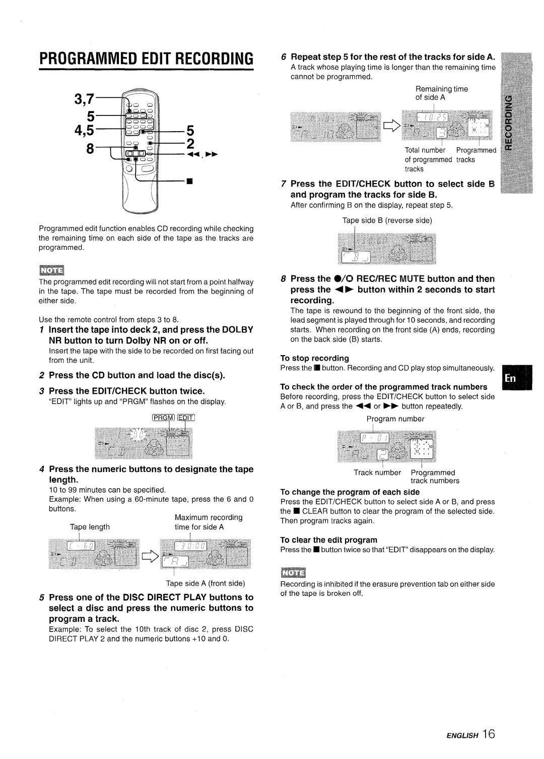 Aiwa CX-NV8000 manual Programmed Edit Recording, 4,55, Press the EDIT/CHECK button twice, To stop recording 