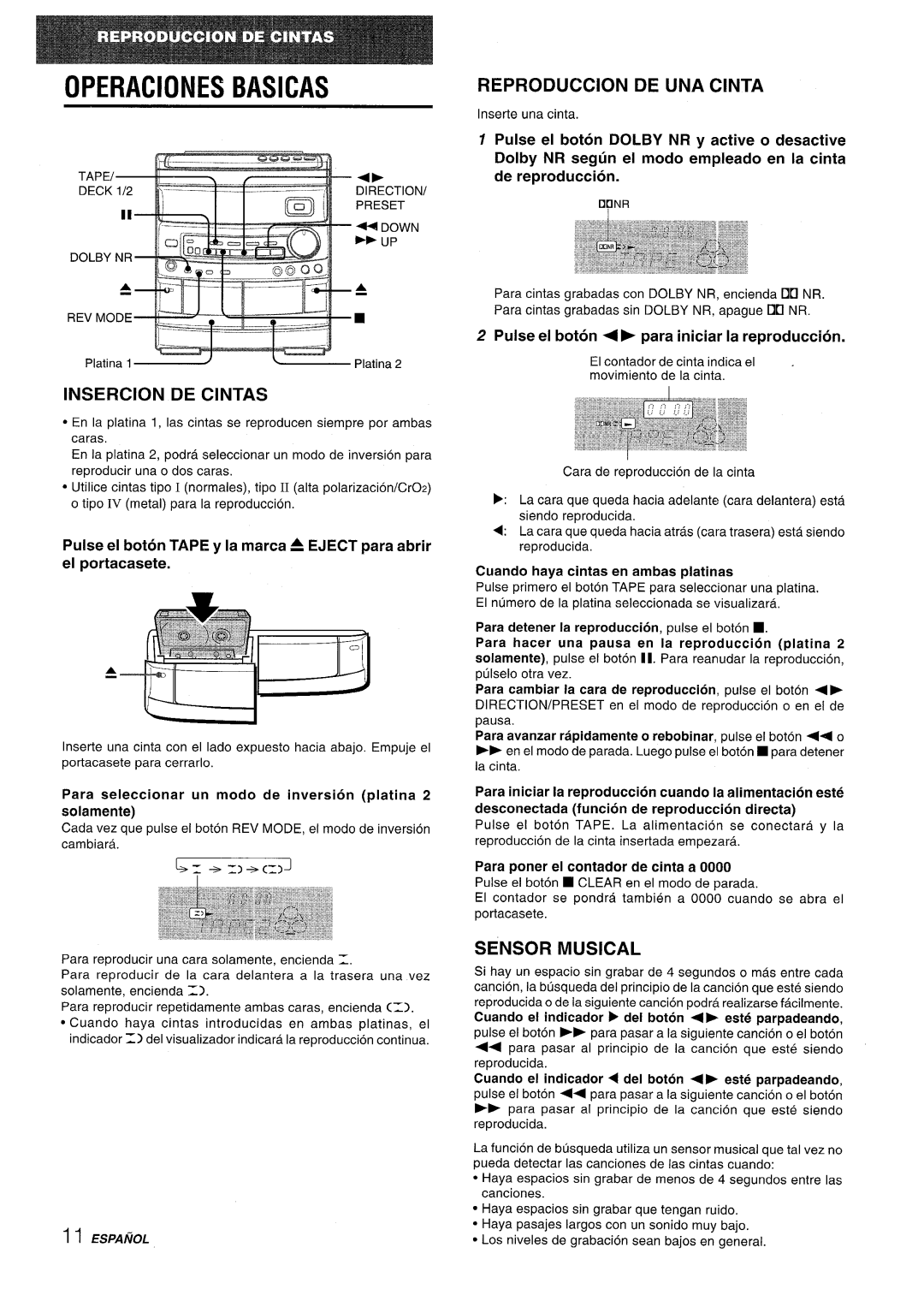 Aiwa CX-NV8000 manual Operaciones Basicas, Insercion De Cintas, Reproduction De Una Cinta, Sensor Musical 