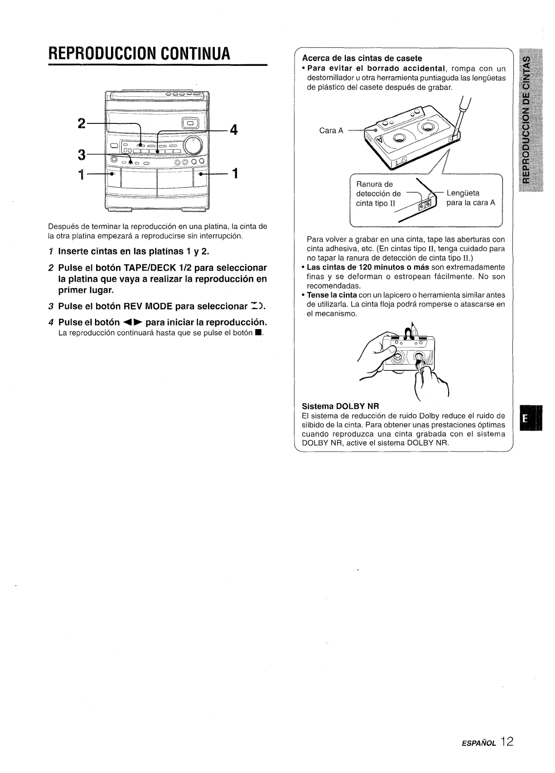 Aiwa CX-NV8000 manual Reiwiduccion Continua, Inserte cintasen lasplatinasl y2, Pulse el boton REV MODE para seleccionar = 