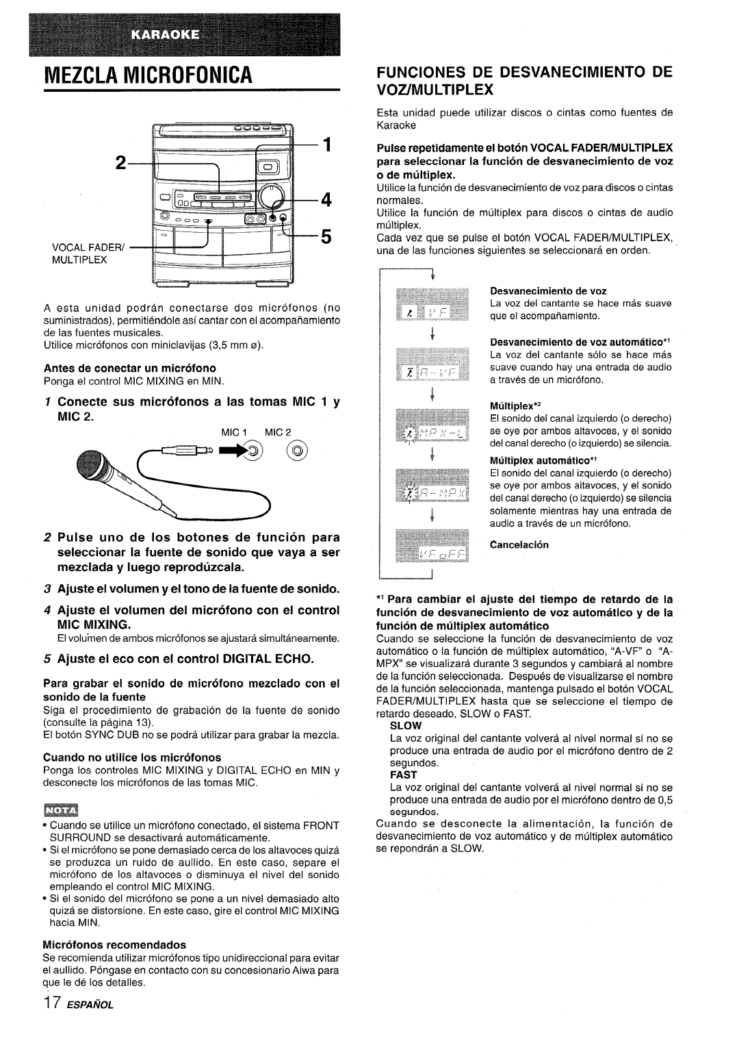 Aiwa CX-NV8000 manual Mezcla Microfonica, FUNClONES DE DESVANECIMIENTO DE VOiYMULTIPLEX, Antes de conectar un microfono 